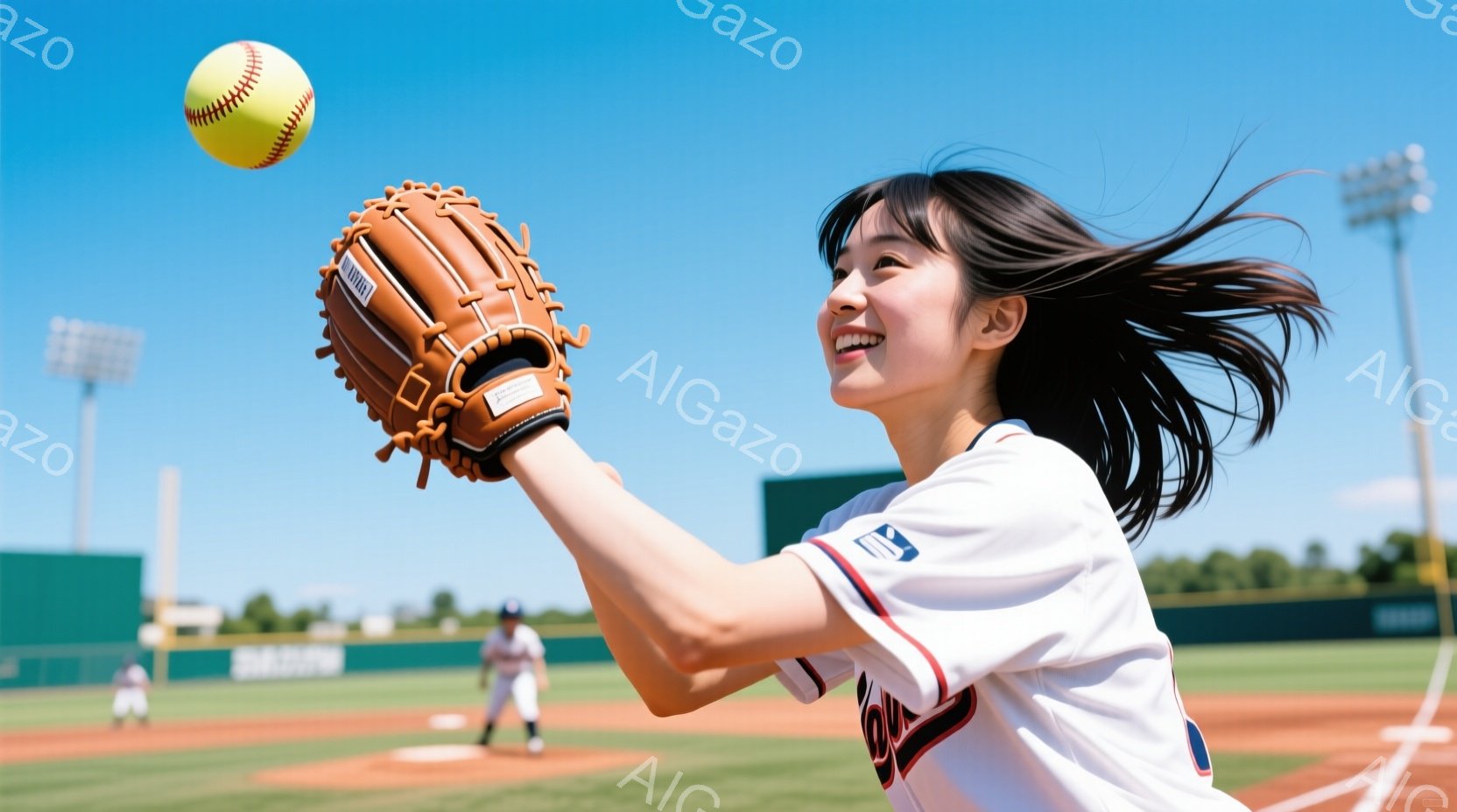 明るい青空の下、ソフトボール選手がキャッチをする瞬間が捉えられています。白を基調としたユニフォームに、赤とネイビーのラインが入っており、髪は風になびいています。背景には緑のフィールドとフェンス、そして遠くに見える建物があり、晴天の下で活気のある様子が伝わってきます。