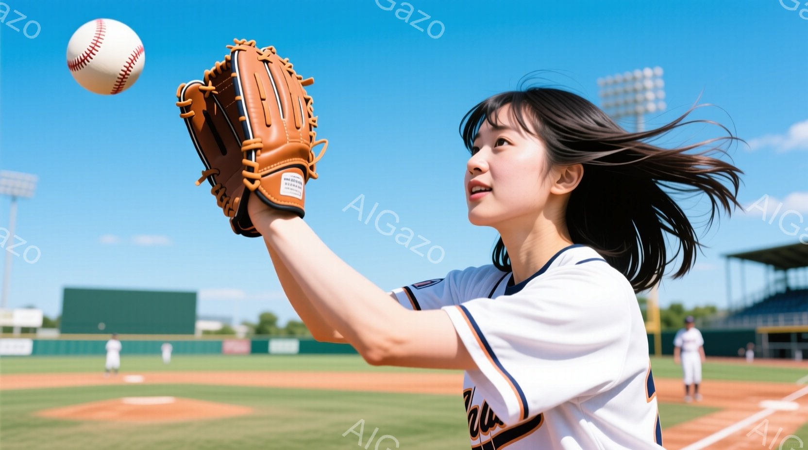 少女は野球の試合中にボールをキャッチしようとしており、白とオレンジのストライプが入った野球ユニフォームを着ています。彼女は長い黒髪を風になびかせ、顔には集中と喜びが入り混じった表情を浮かべています。背景には緑の芝生、野球場、そして晴れた青空が広がり、活気ある夏の日の試合の様子が伝わってきます。