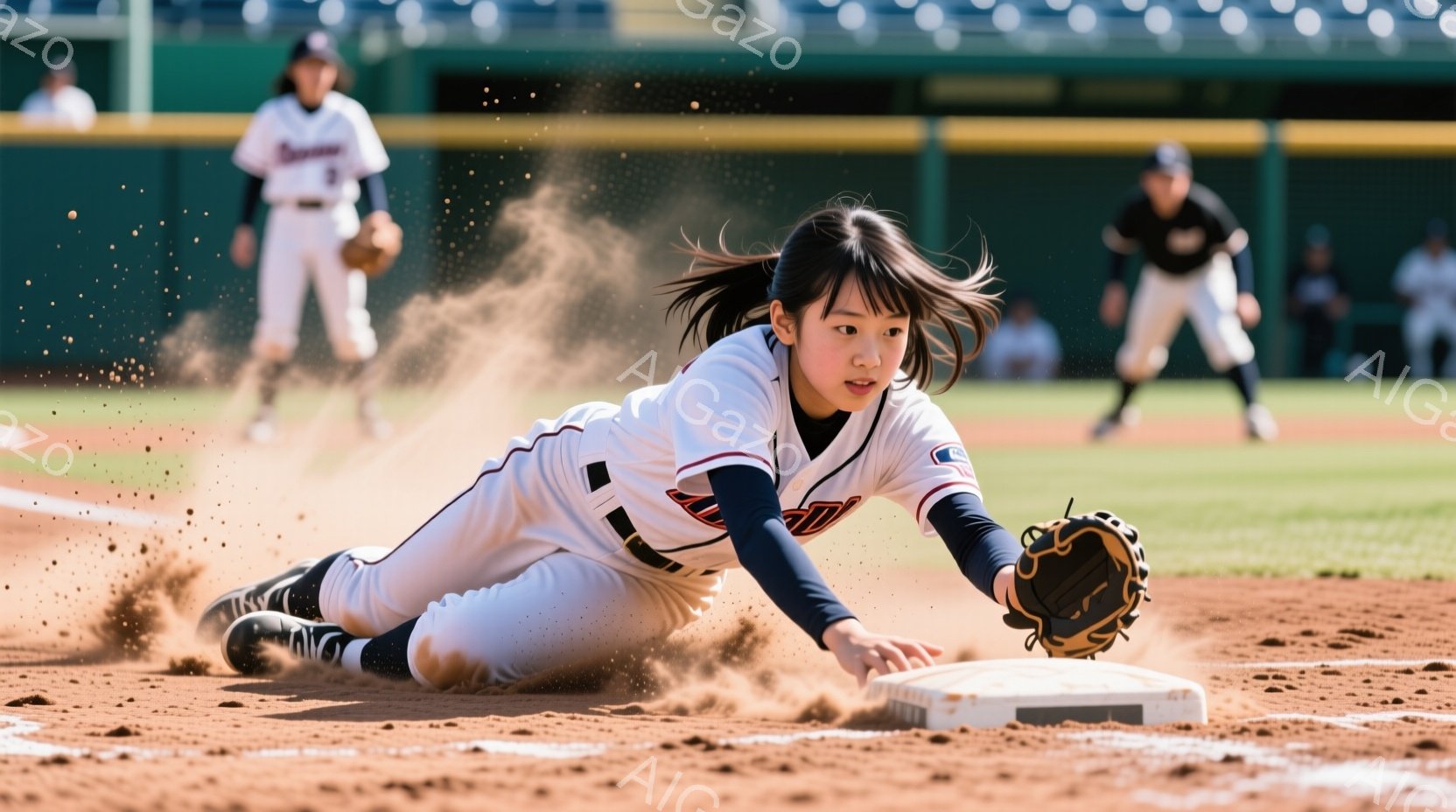 野球場でスライドしている少女が写っている。彼女は白いユニフォームと帽子を着用し、黒い髪をポニーテールにしている。土埃が舞い上がり、少女はベースに滑り込む直前の、力強い表情をしている。