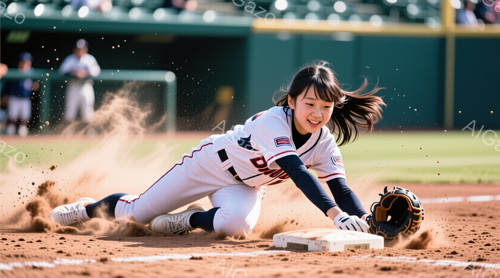 野球選手と思われる少女が、ベースにスライディングしている瞬間を捉えた写真です。白いユニフォームに赤いライン、長い髪を後ろで結び、真剣な表情でベースに滑り込もうとしています。背景には緑色のフェンスと観客 - AI生成フリー素材