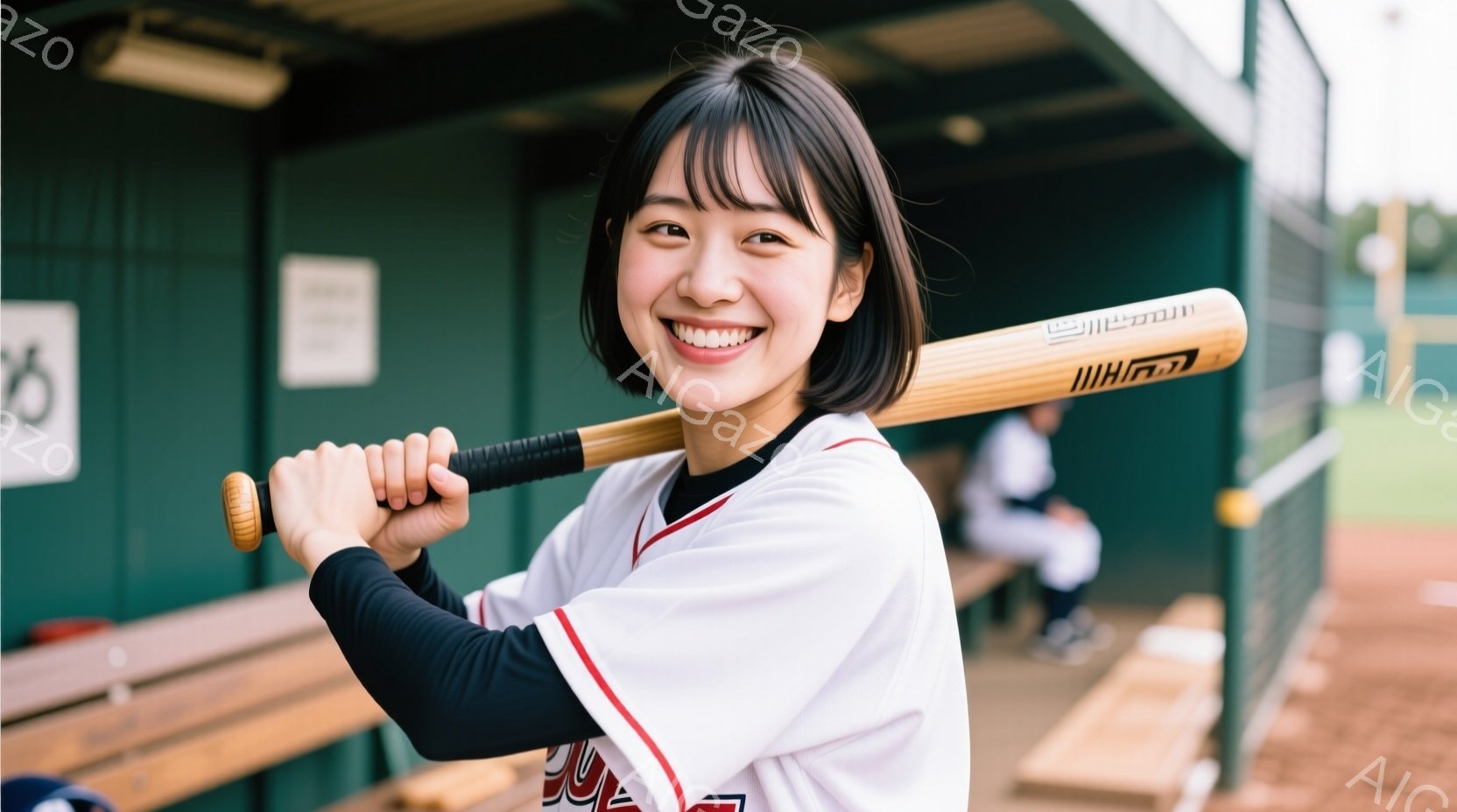 若い女性が野球のバットを持って笑顔で立っています。彼女は白い長袖の野球ユニフォームに黒いアンダーシャツを着ており、黒いショートヘアです。背景には野球場のダグアウトと他の選手がぼやけて見え、晴天の下での試合や練習風景を思わせる明るい雰囲気です。