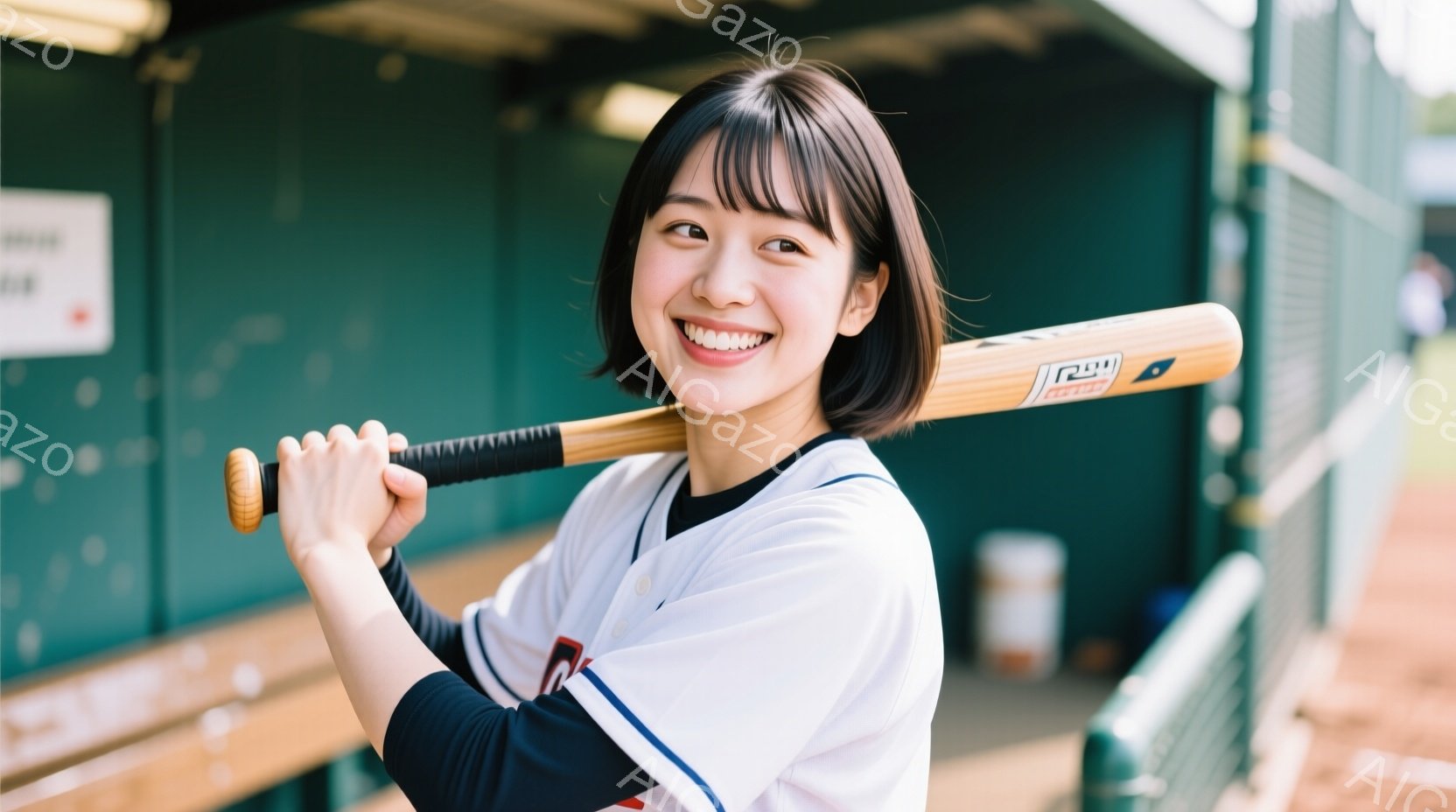 この女性は野球のバットを肩に担ぎ、満面の笑みを浮かべている。紺色の長袖シャツと白い野球ユニフォームを着ており、髪は短くストレートで、前髪が目にかかっている。背景は緑色の壁とぼやけた野球場の様子で、明る - AI生成フリー素材