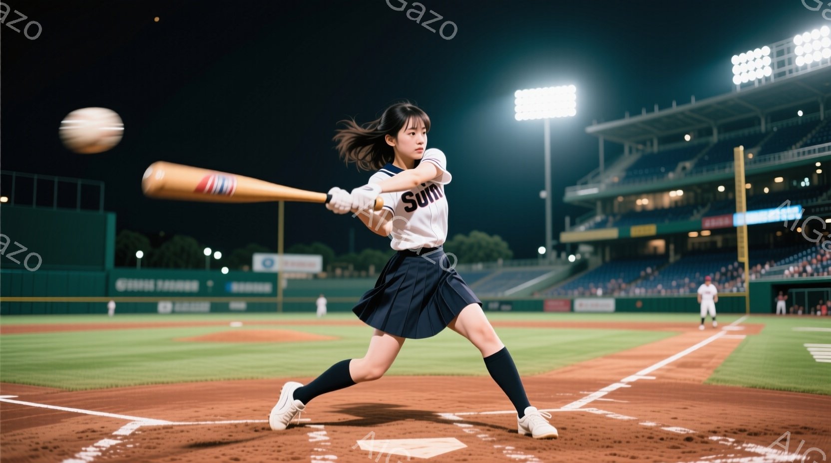 野球場でバッターボックスに立つ女性が写っている。白い短袖のユニフォームに紺色のプリーツスカート、白いスニーカーを履き、髪は後ろでポニーテールに結んでいる。彼女はバットを振りかぶり、ボールを打とうとして - AI生成フリー素材