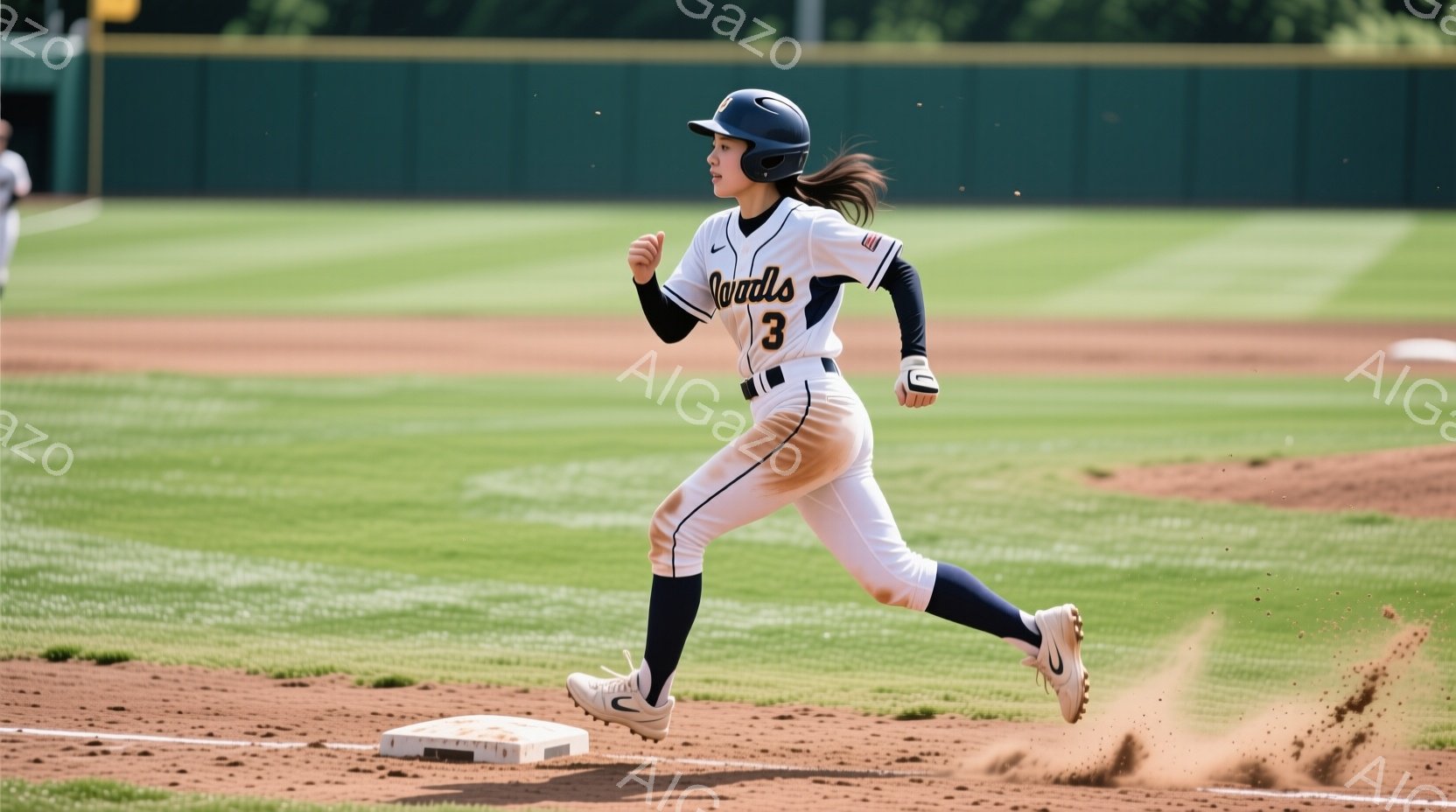 野球場で走る女性選手が写っている。彼女は紺色のユニフォームと帽子を着用し、背中には「3」の番号が入っている。土埃が舞い上がり、彼女の力強い走りと競技への集中が伝わってくる。