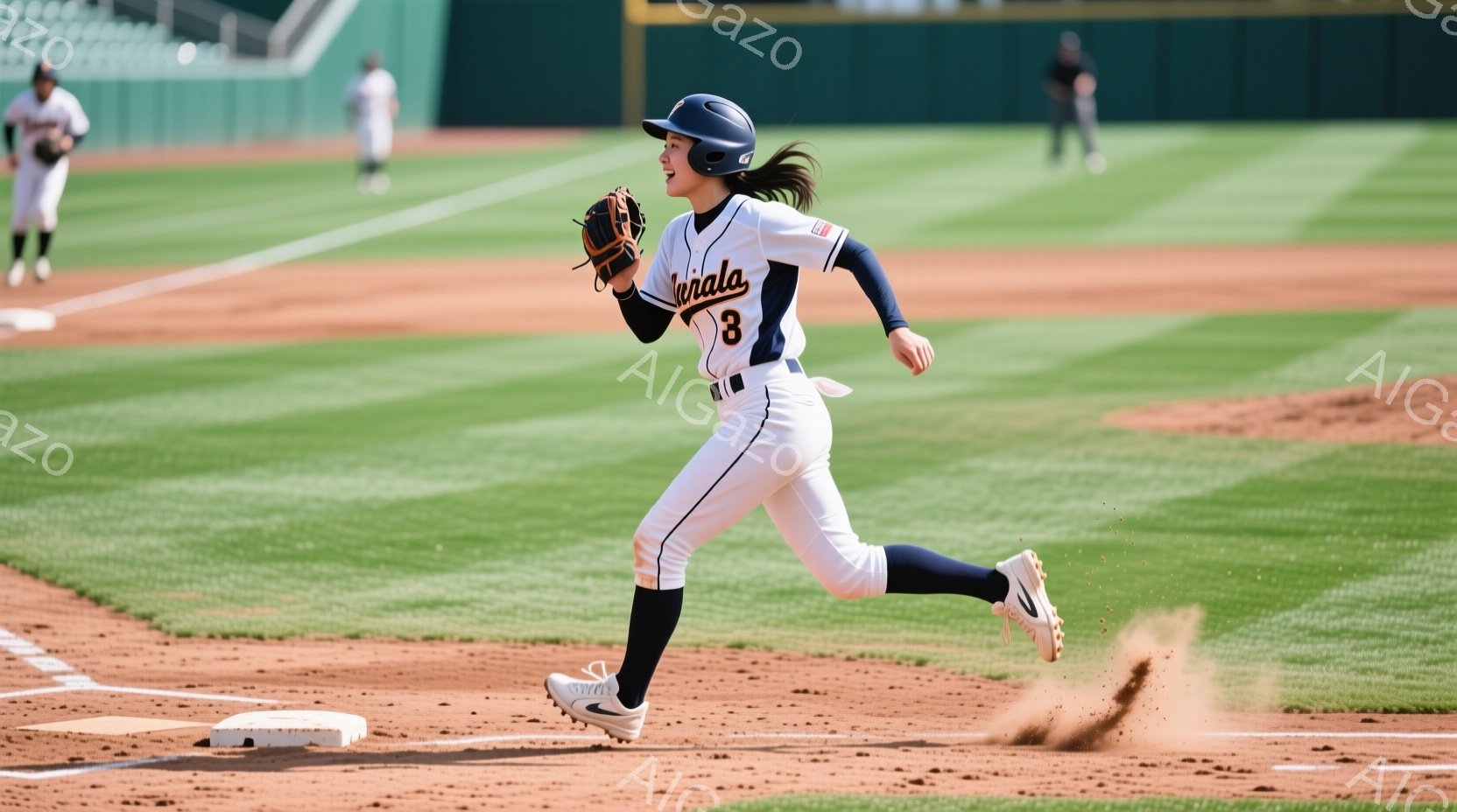 野球場で、制服を着た女性選手がベースに向かって全力疾走している。彼女は黒い髪をポニーテールにし、白と黒のユニフォームに背番号3を付けている。背景には緑の芝生と観客席が見え、晴天の下、活気のある試合の雰 - AI生成フリー素材