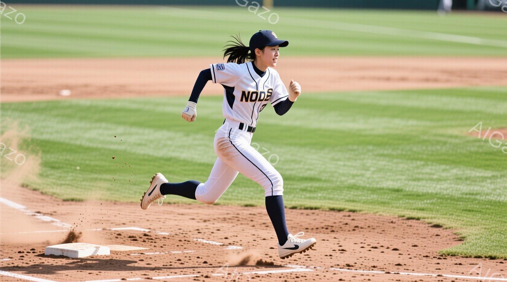 野球場で走る女性選手が写っている。白いユニフォームに黒いラインが入っており、「NODE」という文字が大きく書かれている。彼女はポニーテールで髪を結い、集中した表情でベースに向かって全力疾走している。 - AI生成フリー素材