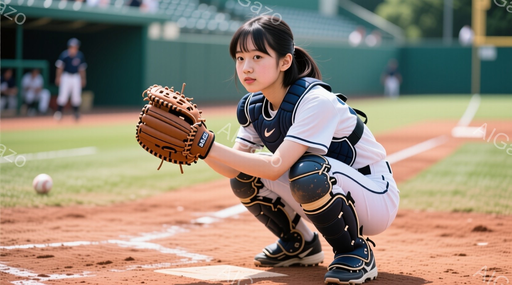 野球のキャッチャーの少女が、土のフィールドに身構える姿が写っている。白のユニフォームにネイビーのプロテクターとスパイクを身につけ、髪は後ろでポニーテールに結んでいる。彼女は集中した表情で、グローブを構 - AI生成フリー素材