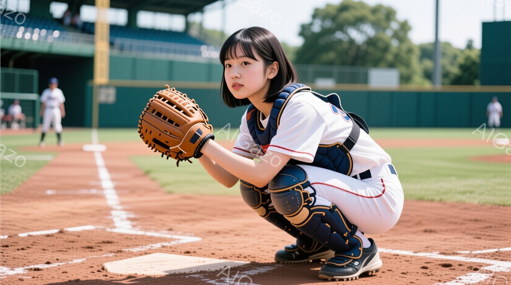 茶髪の若い女性が野球場の土の上にしゃがみ込み、キャッチャーの防具を装着している。彼女は赤いライン入りの白いユニフォームを着ており、集中した表情でミットを構えている。背景には緑の芝生と観客席が見え、晴天の下で野球の試合が行われる雰囲気を感じさせる。