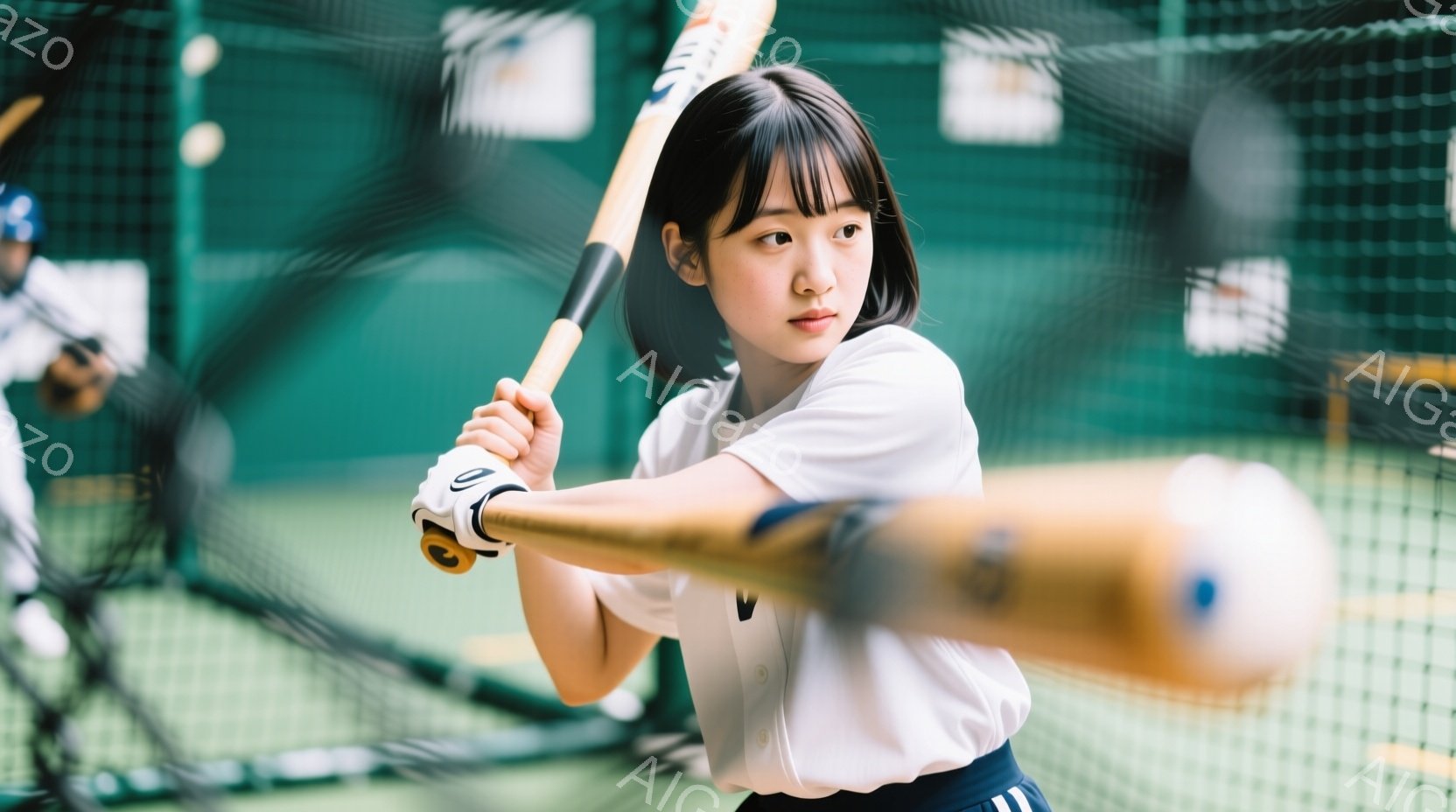 若い女性がバッティング練習をしている写真です。白い長袖シャツに紺色のパンツ姿で、髪は前髪を下ろしたショートボブです。彼女はバットを振りかぶり、真剣な表情でボールを見つめています。
