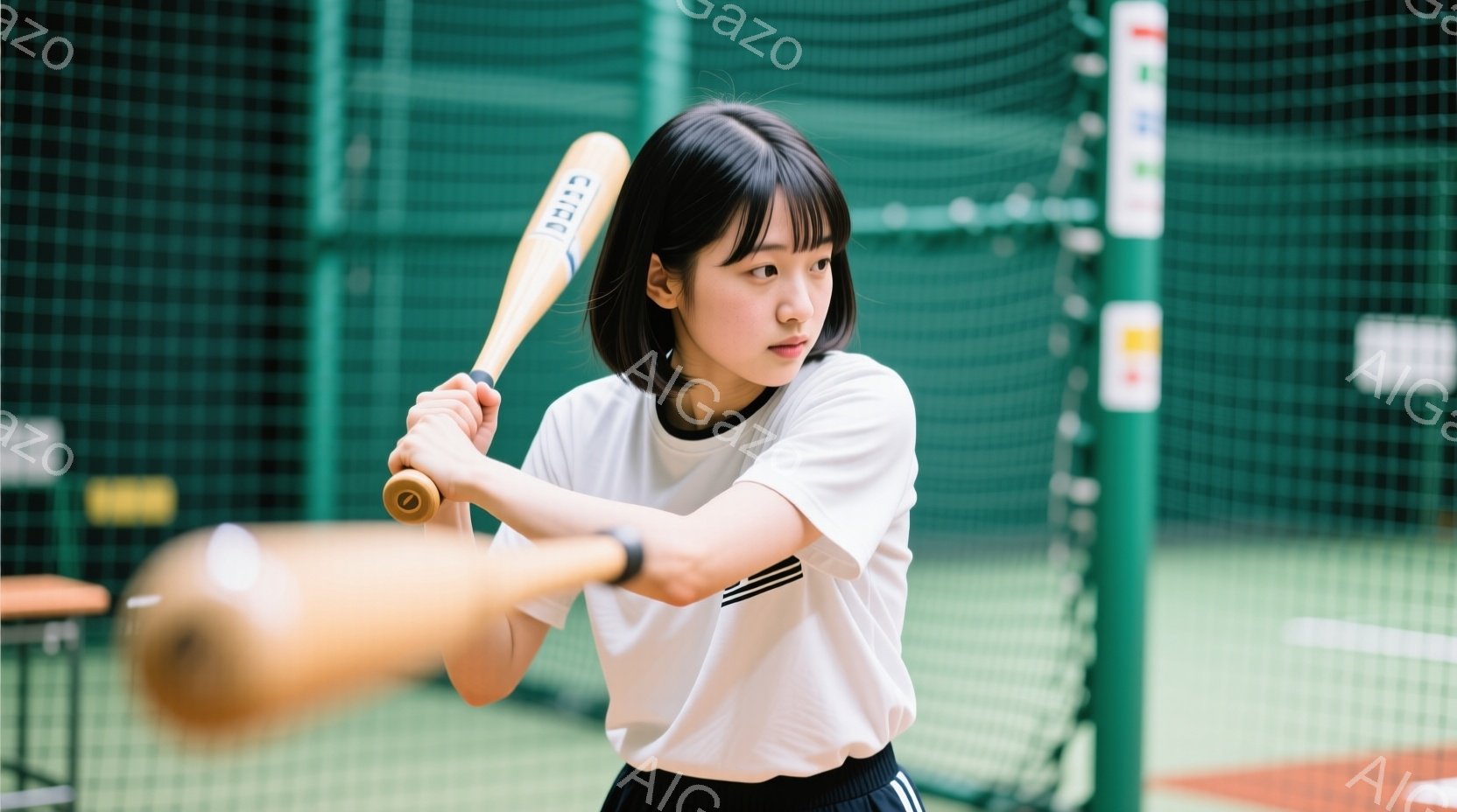 バッティング練習をする若い女性が写っています。白いTシャツに黒いパンツ姿で、髪は肩までの長さで前髪を下ろしたスタイルです。彼女はバットを振りかぶり、真剣な表情でボールを打とうとしています。