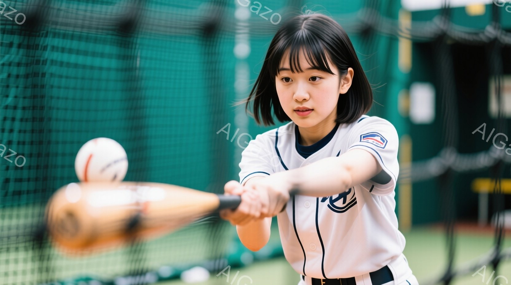 野球選手と思われる女性が、マウンド上で投球の準備をしている様子が写っている。白いユニフォームに黒と赤のライン、帽子を着用し、髪は後ろで一つに結われている。背景には観客席と、晴れた空が広がっており、明るく活気のある野球場の雰囲気が伝わってくる。