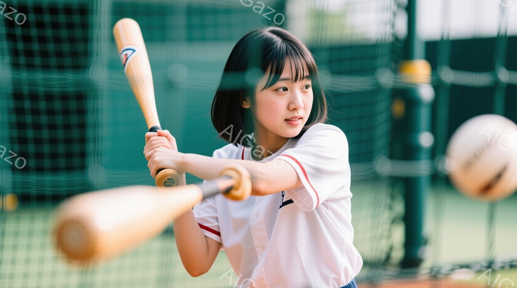 若い女性が野球のバットを振りかぶる姿が写っている。彼女は白い野球ユニフォームに身を包み、前髪を下ろした短い黒髪が特徴的で、集中した表情でボールを見つめている。背景には緑色のフェンスと野球場の一部が見え - AI生成フリー素材