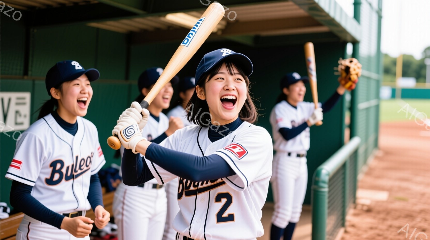 野球ユニフォームを着た若い女性たちが写っている。彼女たちは皆、顔を上げて笑顔で、片手にバットを持ち、喜びを表現している。背景は野球場のダグアウトで、緑豊かな自然と晴天の空が広がっており、活気に満ちた雰 - AI生成フリー素材