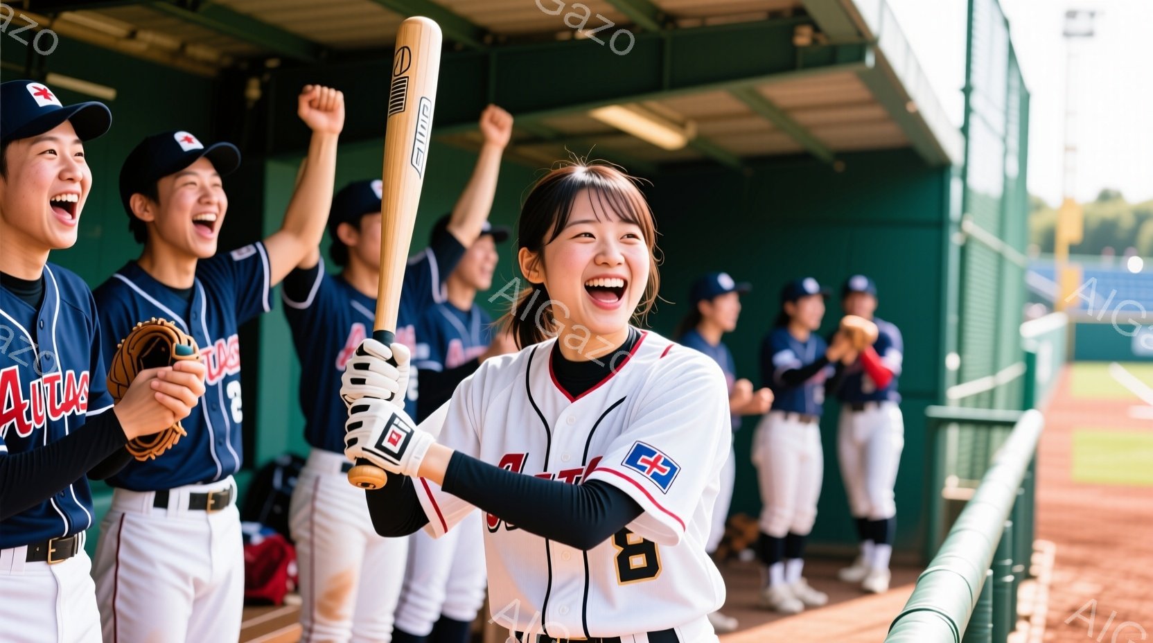野球ユニフォームを着た若い女性を中心としたグループが写っています。女性は野球バットを高く掲げ、満面の笑みを浮かべており、チームメイトたちは彼女を囲んで喜びを分かち合っているようです。背景には野球場のフ - AI生成フリー素材