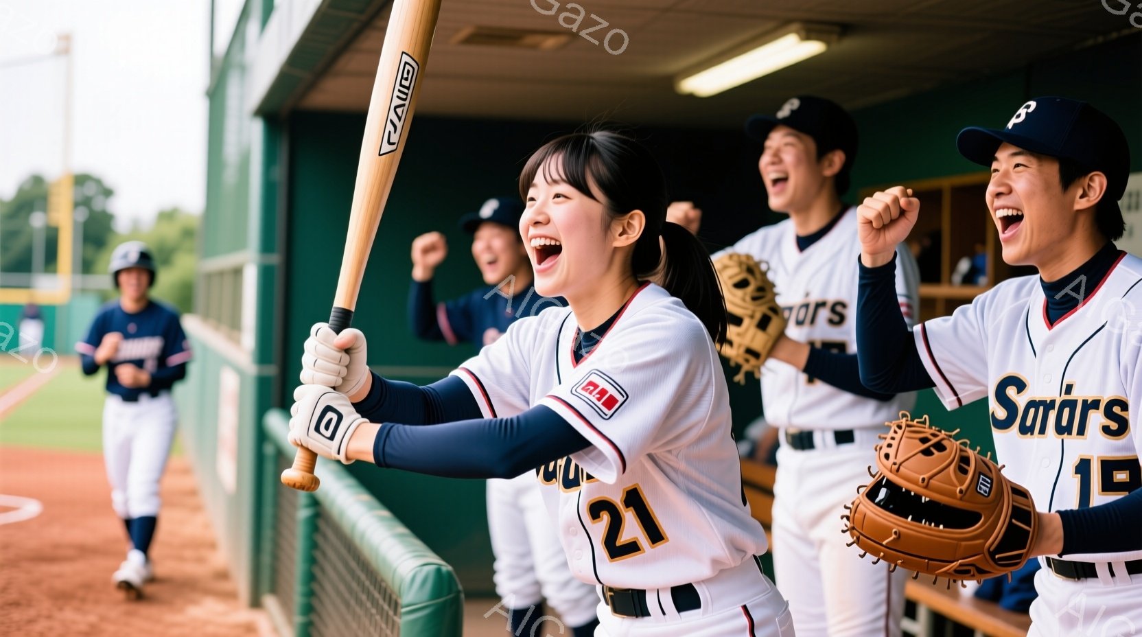 若い女性が野球のバットを構え、笑顔を見せています。彼女は紺色の縁取りのある白い野球ユニフォームを着ており、前髪を下ろしたダークブラウンのヘアスタイルです。背景には野球場があり、緑の芝生と遠くに見える観 - AI生成フリー素材