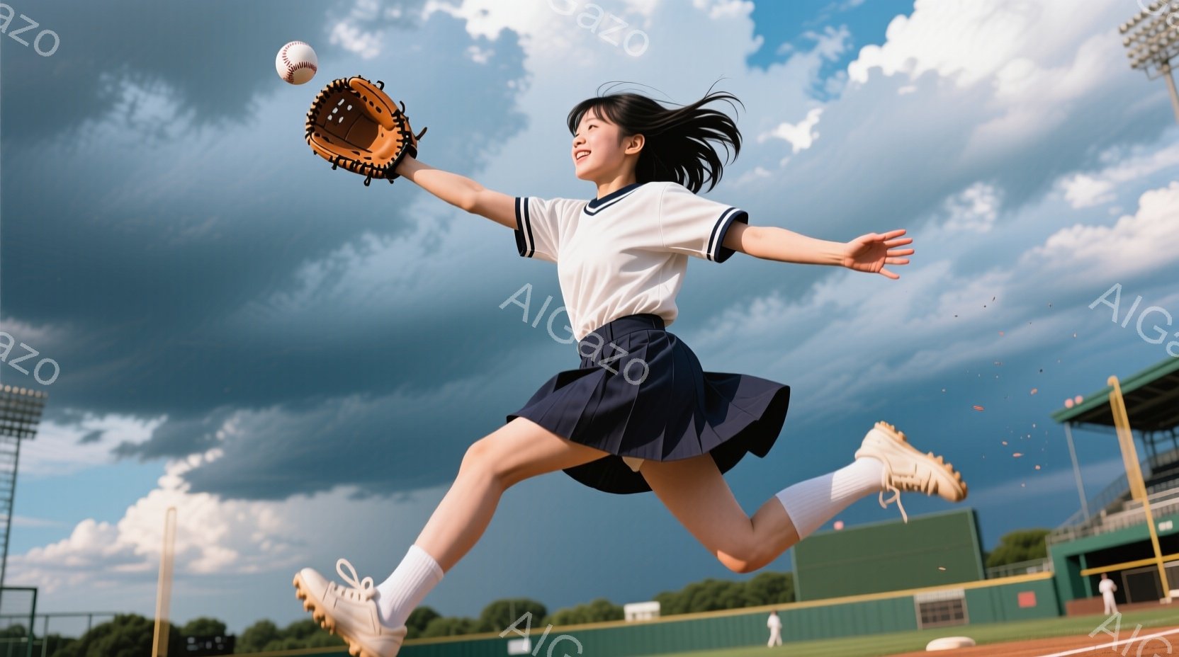 野球の試合中にボールをキャッチしようとジャンプしている女子高生が写っている。紺色のスカートと白いブラウス、白いソックスとスパイクを履き、髪はポニーテールに結ばれている。背景には野球場と曇り空が広がり、躍動感のある瞬間を捉えている。