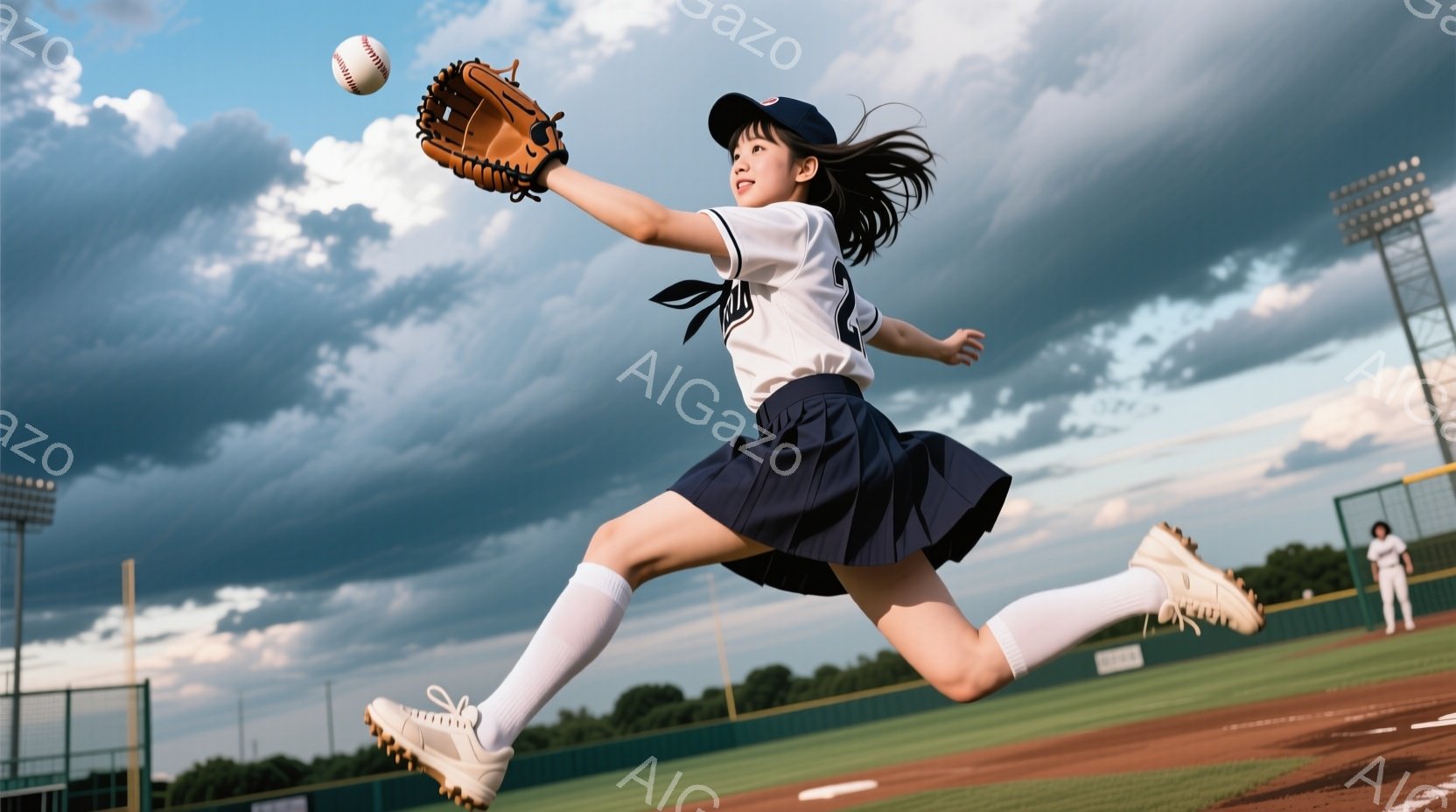 画像は野球場でダイナミックなフォームでボールを投げる若い女性選手を捉えています。彼女は紺色のプリーツスカートと白い野球ユニフォーム、白いソックス、スニーカーを着用し、長い髪はポニーテールに結ばれていま - AI生成フリー素材