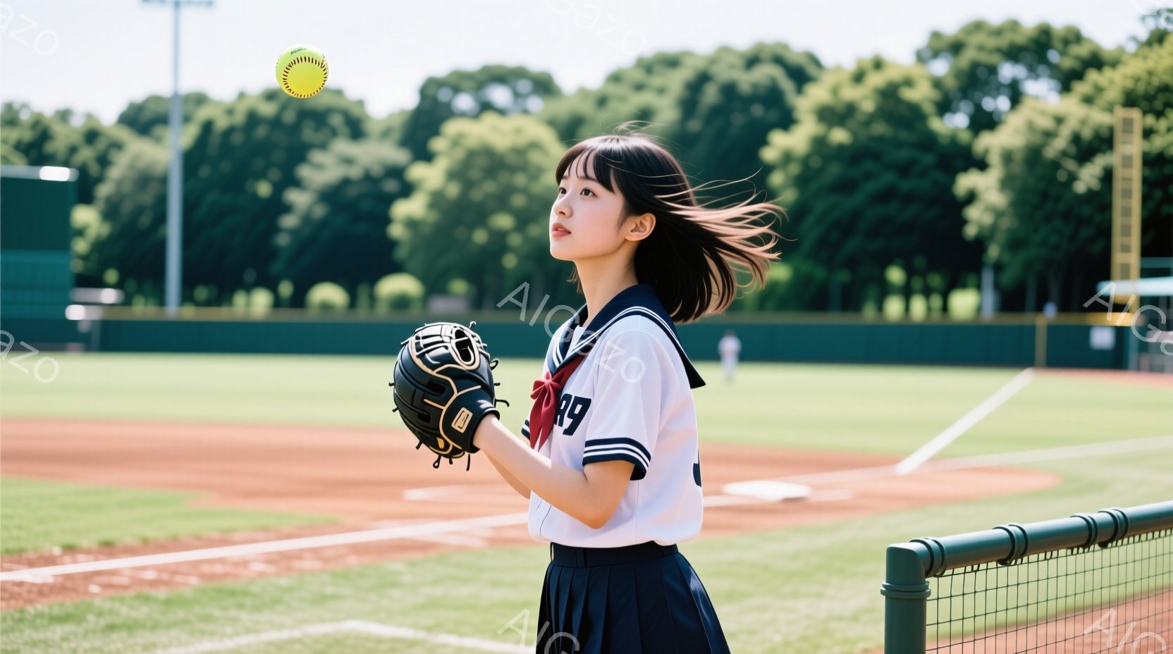 短い黒髪を風になびかせ、野球帽を被った若い女性が、野球場でポーズをとっています。白い野球着に黒いスカートを身につけ、左手にグローブを持っています。背景には緑豊かな野球場と、青空が広がっており、全体的に爽やかで若々しい雰囲気が漂っています。