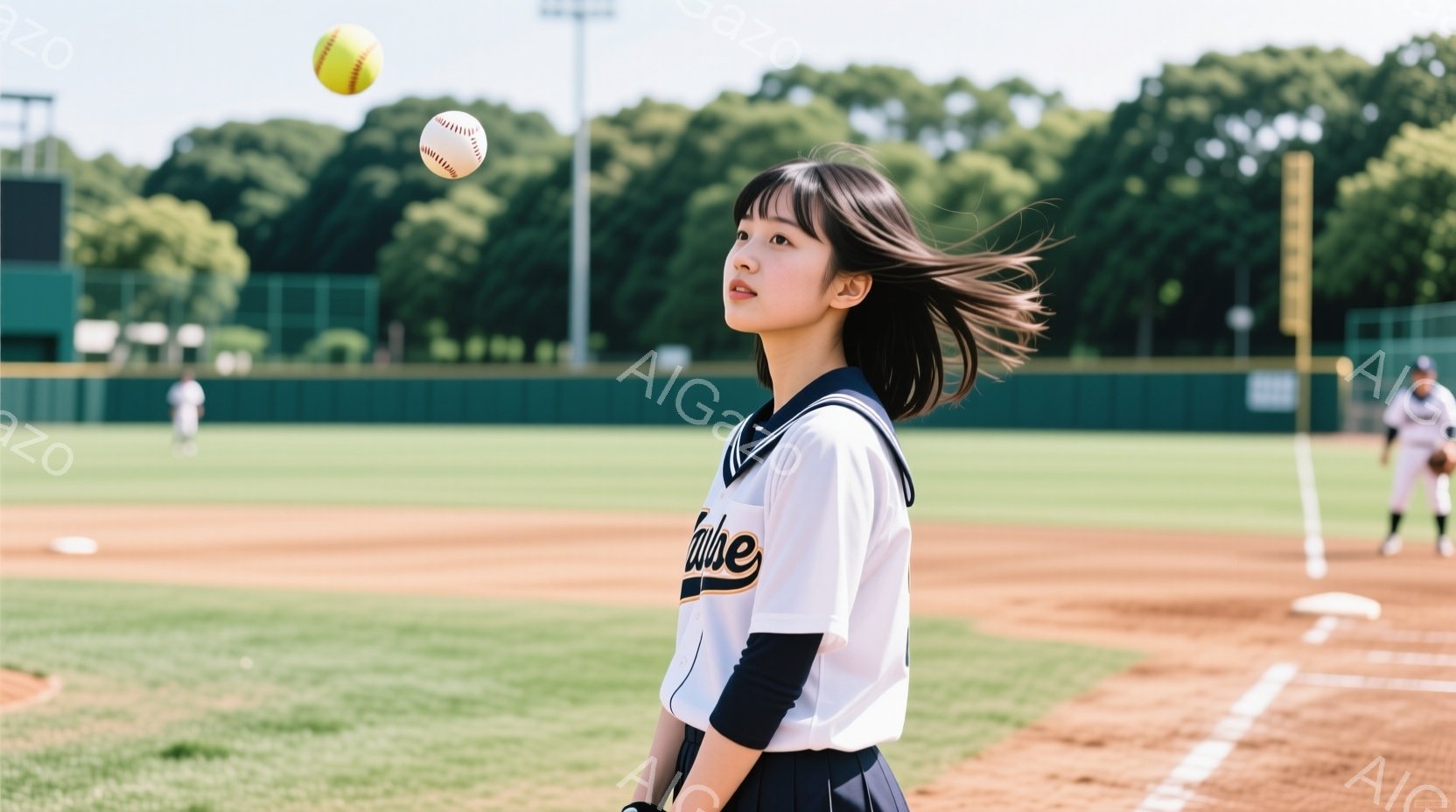野球場に立つ若い女性が写っています。彼女は白地に紺色の縁取りが施された野球ユニフォームを着ており、黒い髪を後ろでポニーテールに結んでいます。彼女は顔を少し上げ、何かを見つめるような表情をしており、背景 - AI生成フリー素材
