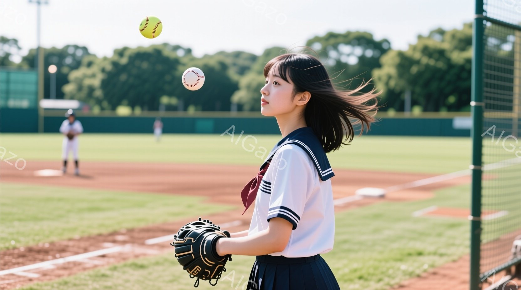 野球場に立つ制服姿の若い女性が写っている。彼女は黒髪をサイドでまとめ、野球用のグローブを左手に装着し、どこか遠くを見つめている。背景には緑豊かな木々と土のグラウンド、そして他の選手たちがぼんやりと見え、晴天の下で練習風景が広がっている。