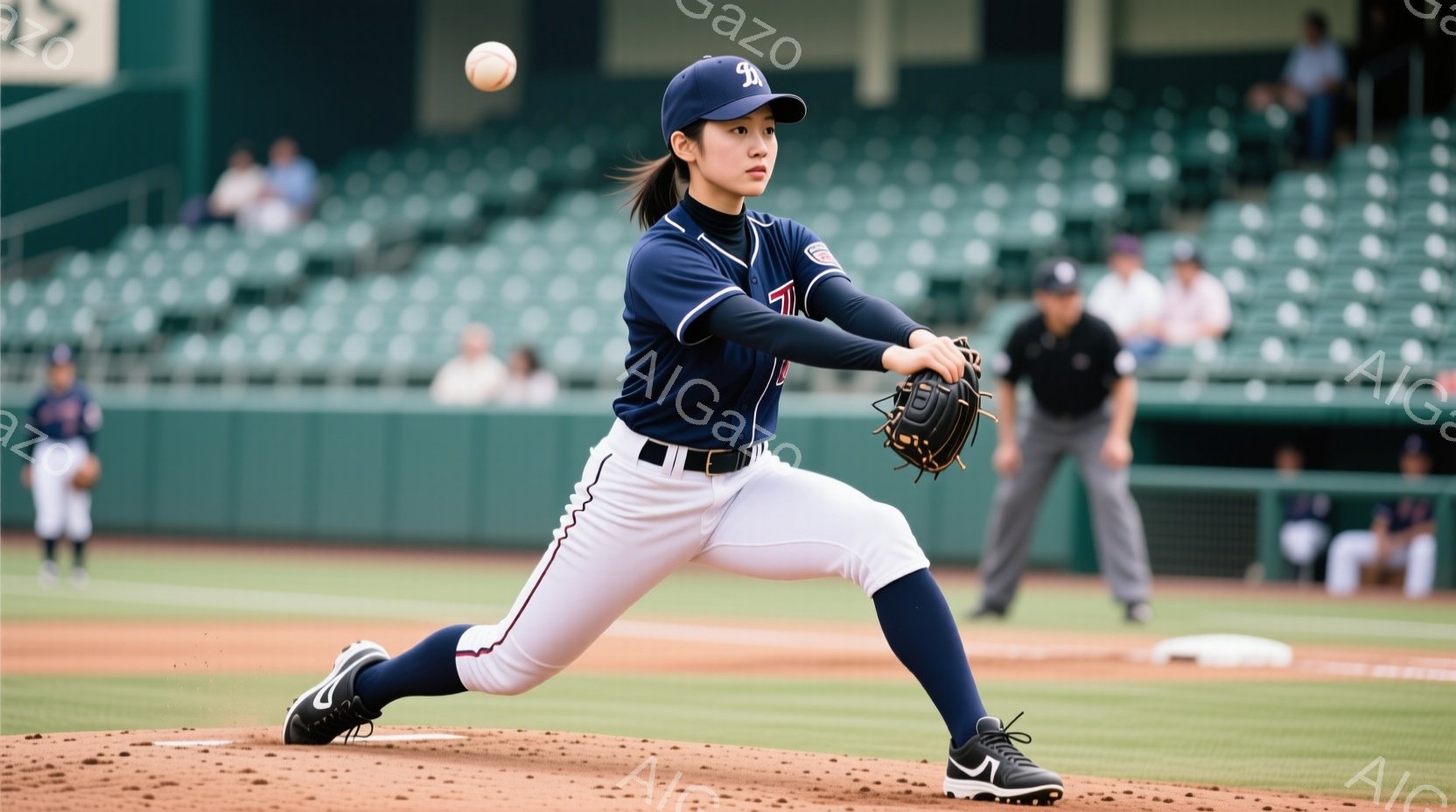 野球選手が投球の動作をしている写真です。紺色のユニフォーム、白いパンツ、黒い帽子を着用し、右手にボールを持って、力強く腕を振っています。背景には観客席と緑豊かな自然が見え、晴れた日の試合の雰囲気が伝わ - AI生成フリー素材
