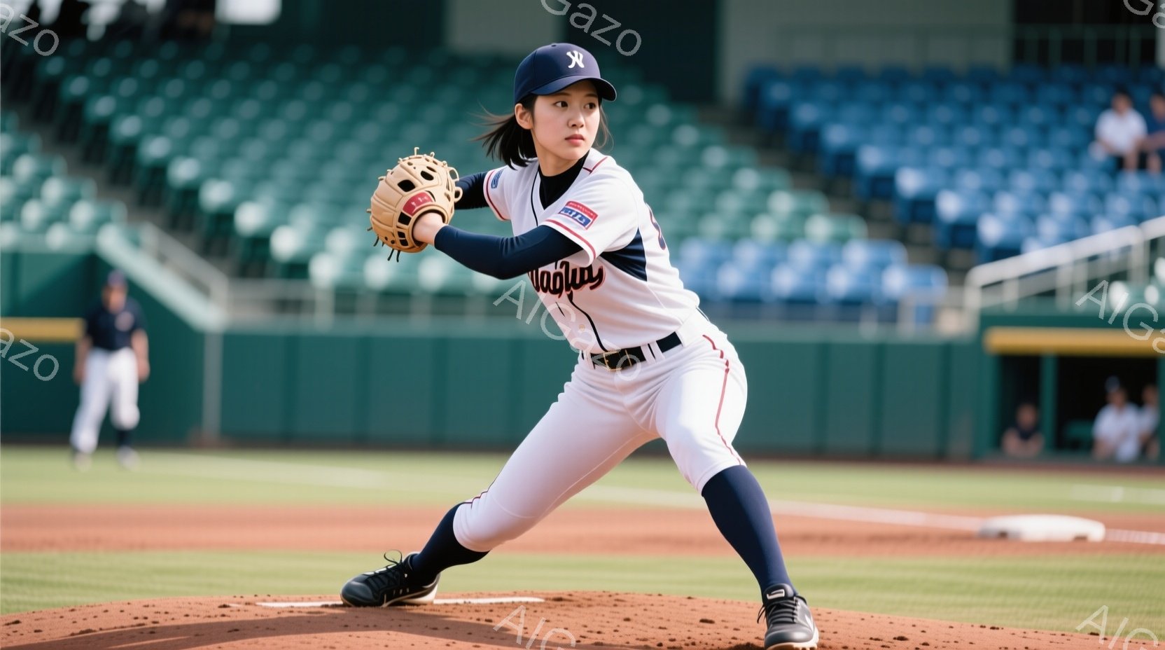 野球場で女性が投球の準備をしている写真です。彼女は白いユニフォームに紺色の帽子とスパイクを履き、髪はポニーテールにまとめています。背景には緑色の芝生と観客席が見え、天候は晴れで、明るい雰囲気です。 - AI生成フリー素材