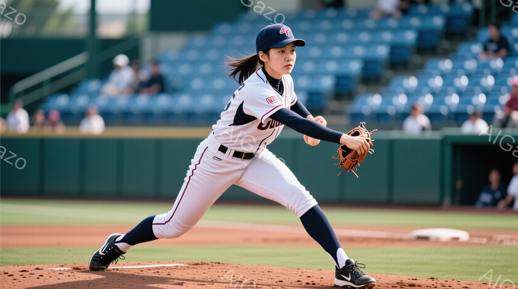 土埃が舞い上がり、野球のベースへスライディングする女性が写っている。彼女は紺色のユニフォームに、金色の帯状の装飾が施されており、髪は後ろで一つにまとめられているが、スライディングの衝撃で乱れている。彼女の表情は真剣で、全力でベースに到達しようとしている様子が伝わってくる。