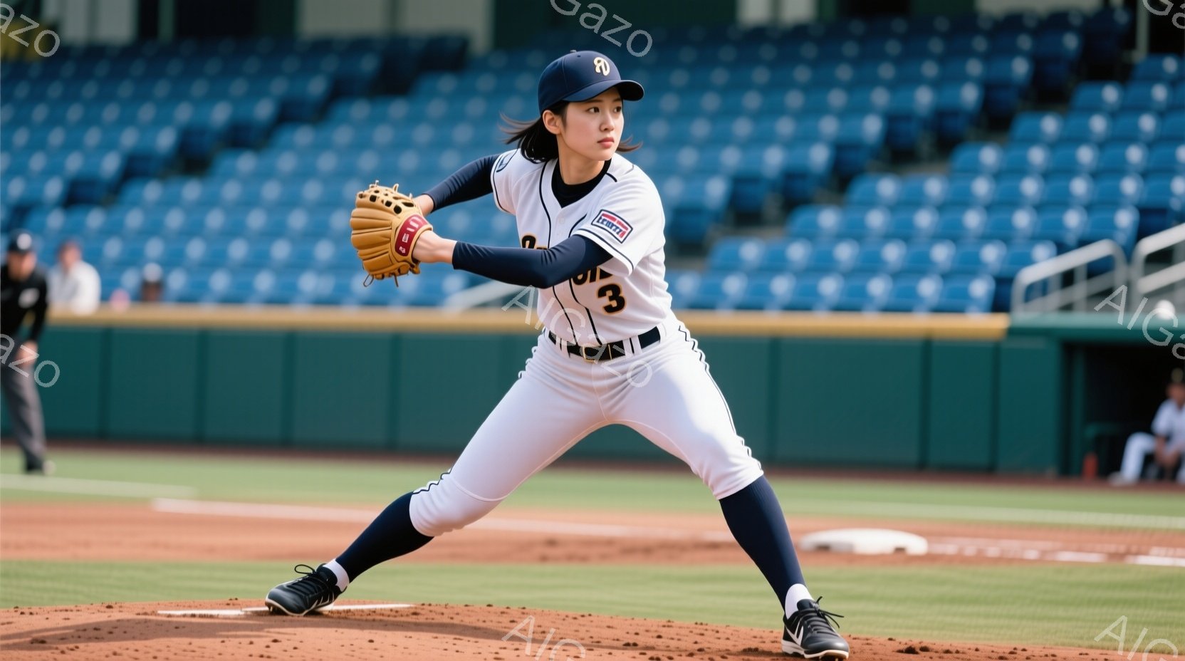 紺色のユニフォームと白いズボンを着用した女性野球選手が、野球の準備姿勢で写っている。彼女は黒い帽子を被り、髪をポニーテールにしている。背景には緑の芝生と観客席が見え、晴天の下、野球場での試合が行われている様子が伺える。