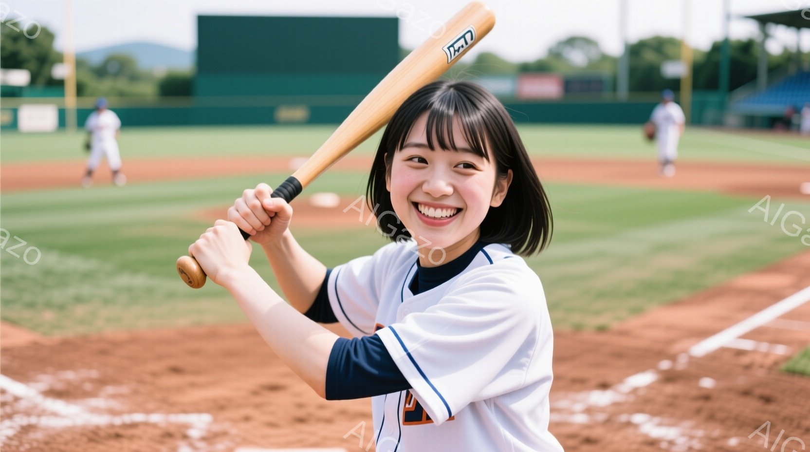 野球場でバットを構える若い女性が写っています。彼女は白い野球ユニフォームに黒い袖があり、笑顔で明るい表情をしています。背景には緑のフィールドと、遠くに見える建物や山々があり、晴れた日の屋外での活動の様子が伝わってきます。
