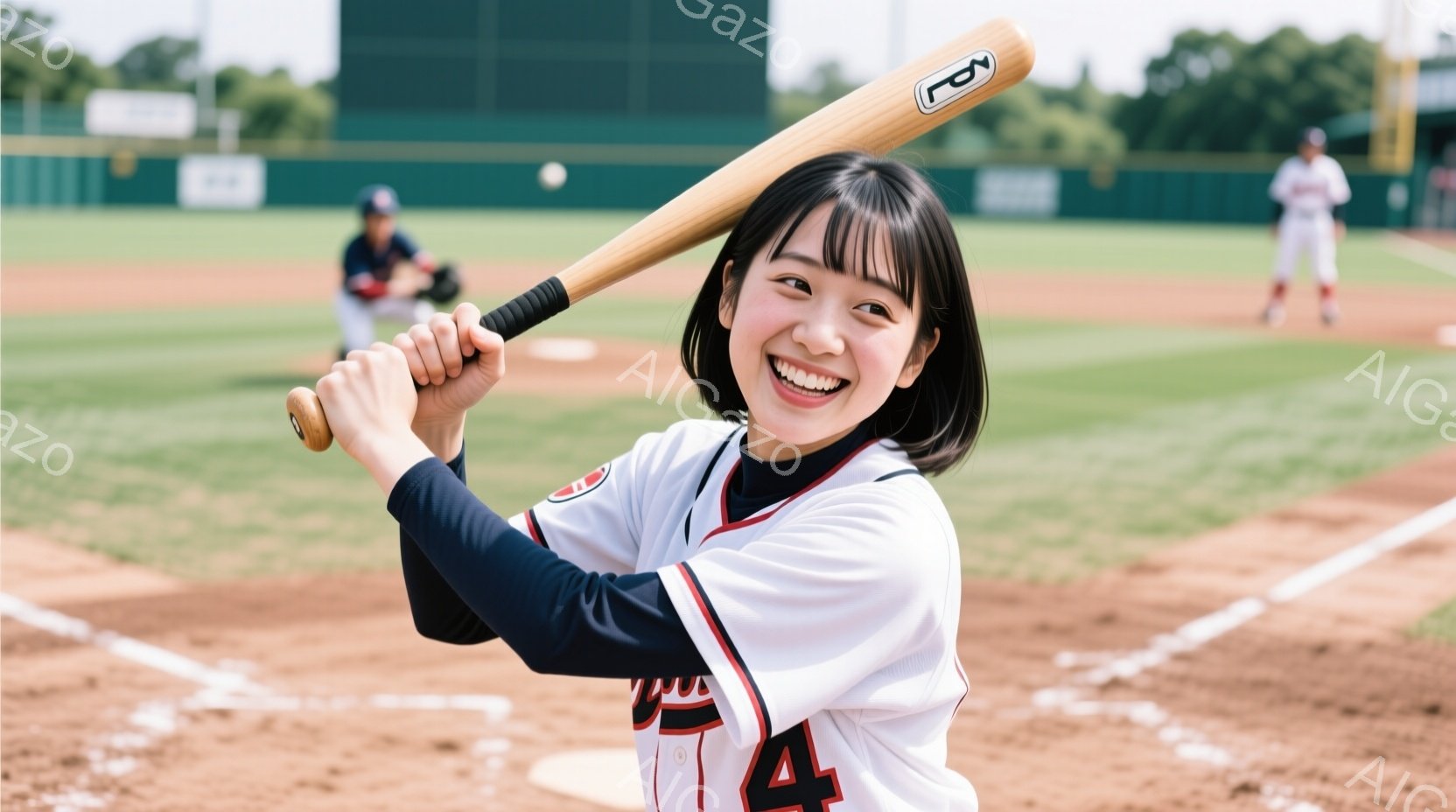 画像は野球場でバットを構える女性を捉えています。彼女は白いユニフォームに黒い袖と「4」の背番号、そして暗い色の髪を肩まで伸ばしたヘアスタイルで、満面の笑みを浮かべています。背景には緑の芝生と野球場の構 - AI生成フリー素材