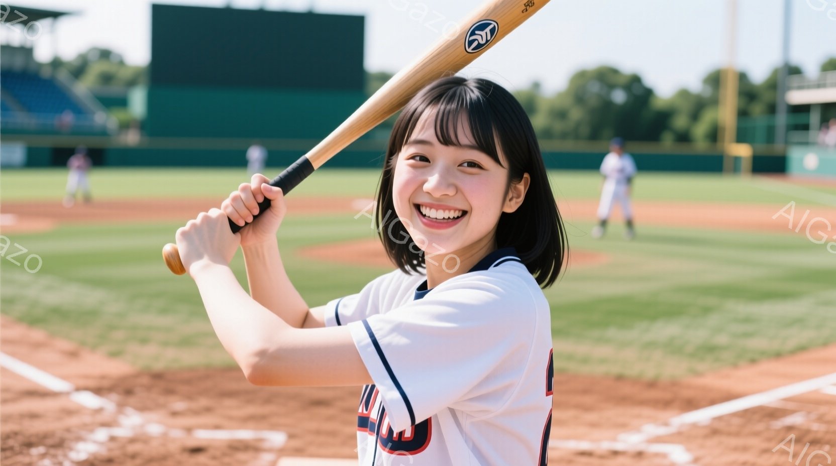 笑顔の女性が野球のバットを振りかざしています。彼女は紺色と白のストライプの野球ユニフォームを着ており、前髪を下ろしたショートヘアです。背景には野球場があり、緑の芝生と遠くに見える建物があり、晴れた日の - AI生成フリー素材