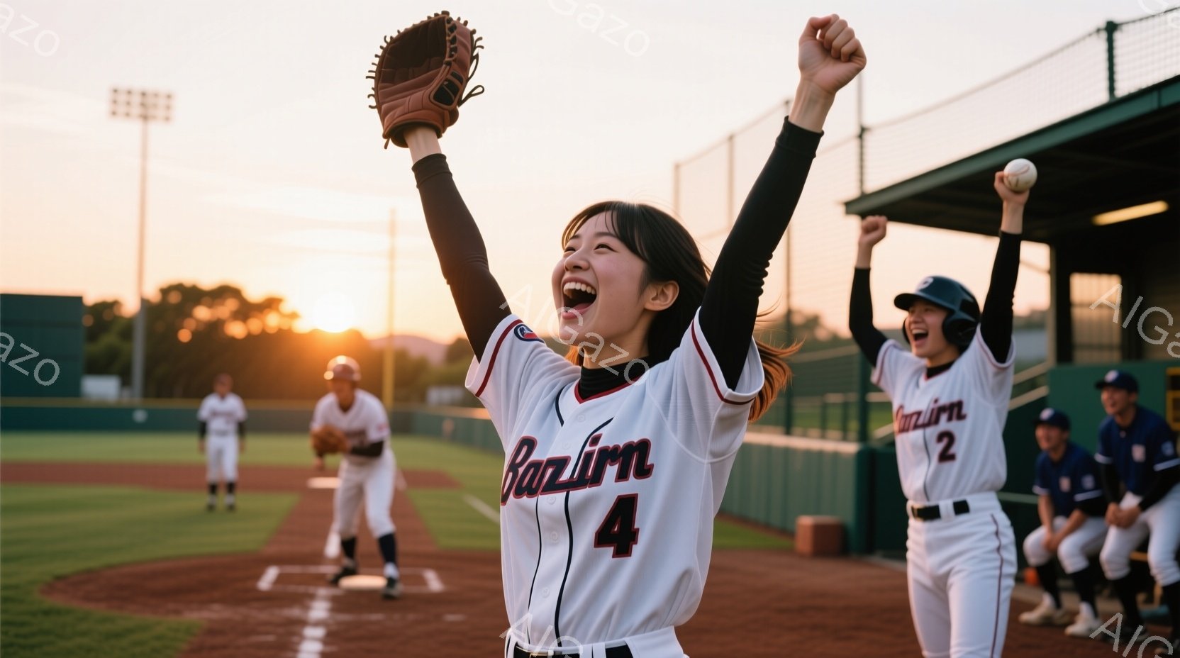野球場で、背番号4の女性が両手を高く上げ、満面の笑みを浮かべて喜んでいます。彼女は白のユニフォームに黒髪をポニーテールにし、チームメイトも勝利を喜んでおり、背景には夕焼け空と野球場の観客席が見えます。 - AI生成フリー素材