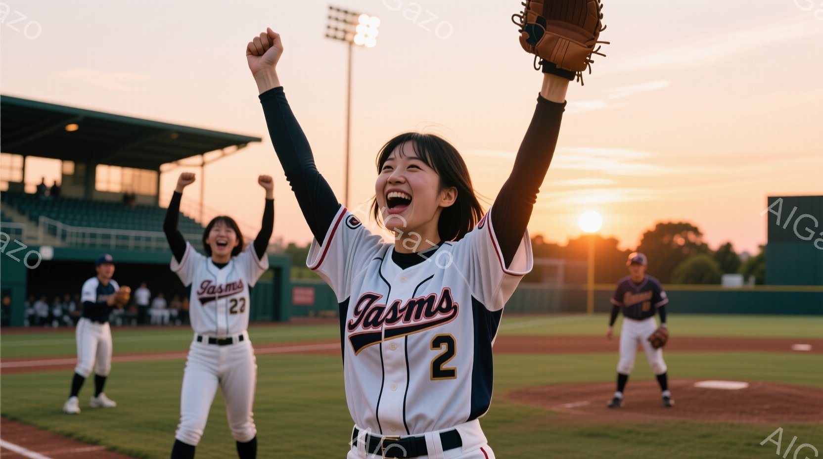 野球場で、2番のユニフォームを着た若い女性が両手を高く上げて歓喜している様子が写っている。彼女は明るい笑顔で、髪は後ろでポニーテールにまとめられている。背景には他のチームメンバーや野球場、そして夕焼け - AI生成フリー素材