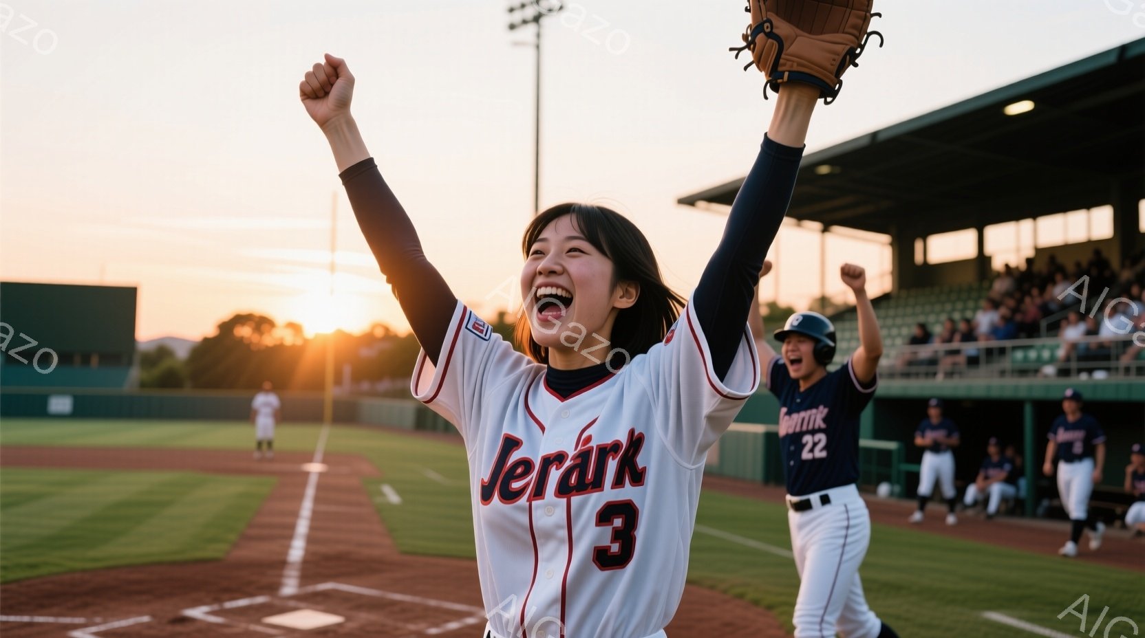 野球場で、ユニフォームを着た若い女性が両腕を高く上げて喜びを表現しています。彼女は黒髪で、笑顔が印象的で、ユニフォームには「Verark」と数字の「3」が大きくプリントされています。背景には、夕焼け空 - AI生成フリー素材
