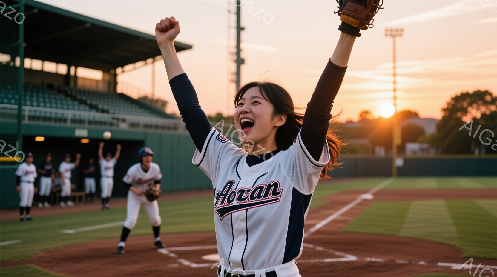 野球場で、ユニフォームを着た女性が両腕を上げて歓喜しています。彼女は黒髪をポニーテールにし、満面の笑顔で喜びを表現しており、背景には夕焼け空の下、チームメイトたちが勝利を祝っている様子が見えます。全体的に、夕焼けと勝利の喜びが相まって、温かく感動的な雰囲気です。