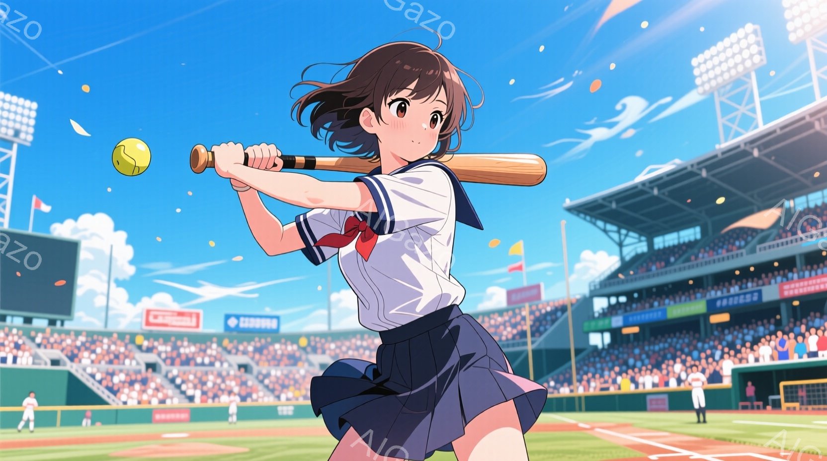 野球の試合中にバッティングをする若い女性を描いています。彼女は紺色のスカートと白いブラウスを着ており、髪は肩までの長さで、バットを振るダイナミックな姿勢をとっています。背景には観客席で賑わう野球場があり、青空と白い雲が広がり、活気に満ちたスポーツシーンが演出されています。