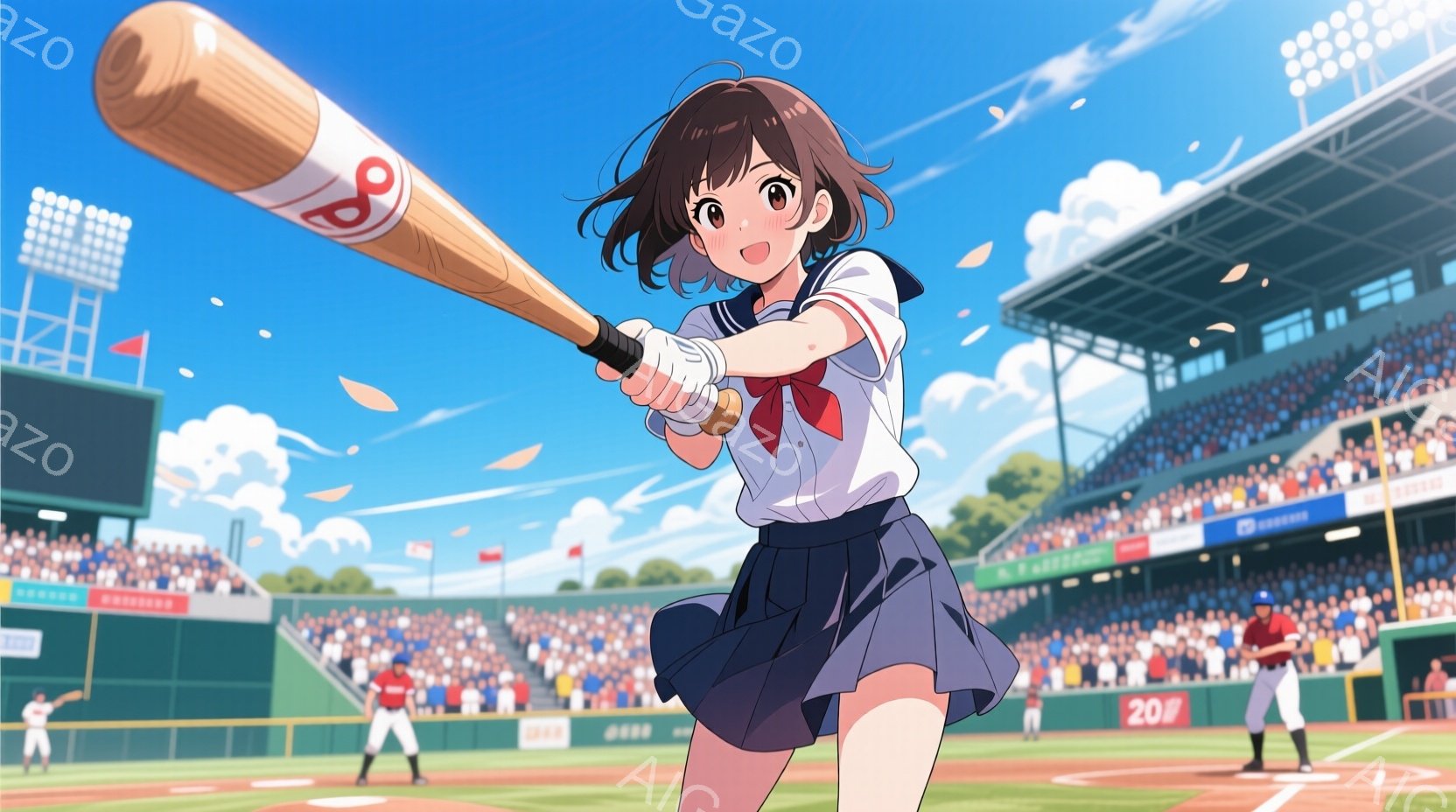 少女は野球場でバットを構え、スイングの準備をしている。紺色のプリーツスカートと白いブラウス姿で、髪は肩までの長さの茶色で、表情は真剣そのものだ。背景には観客席や緑の芝生、そして青空が広がり、快晴の野球 - AI生成フリー素材