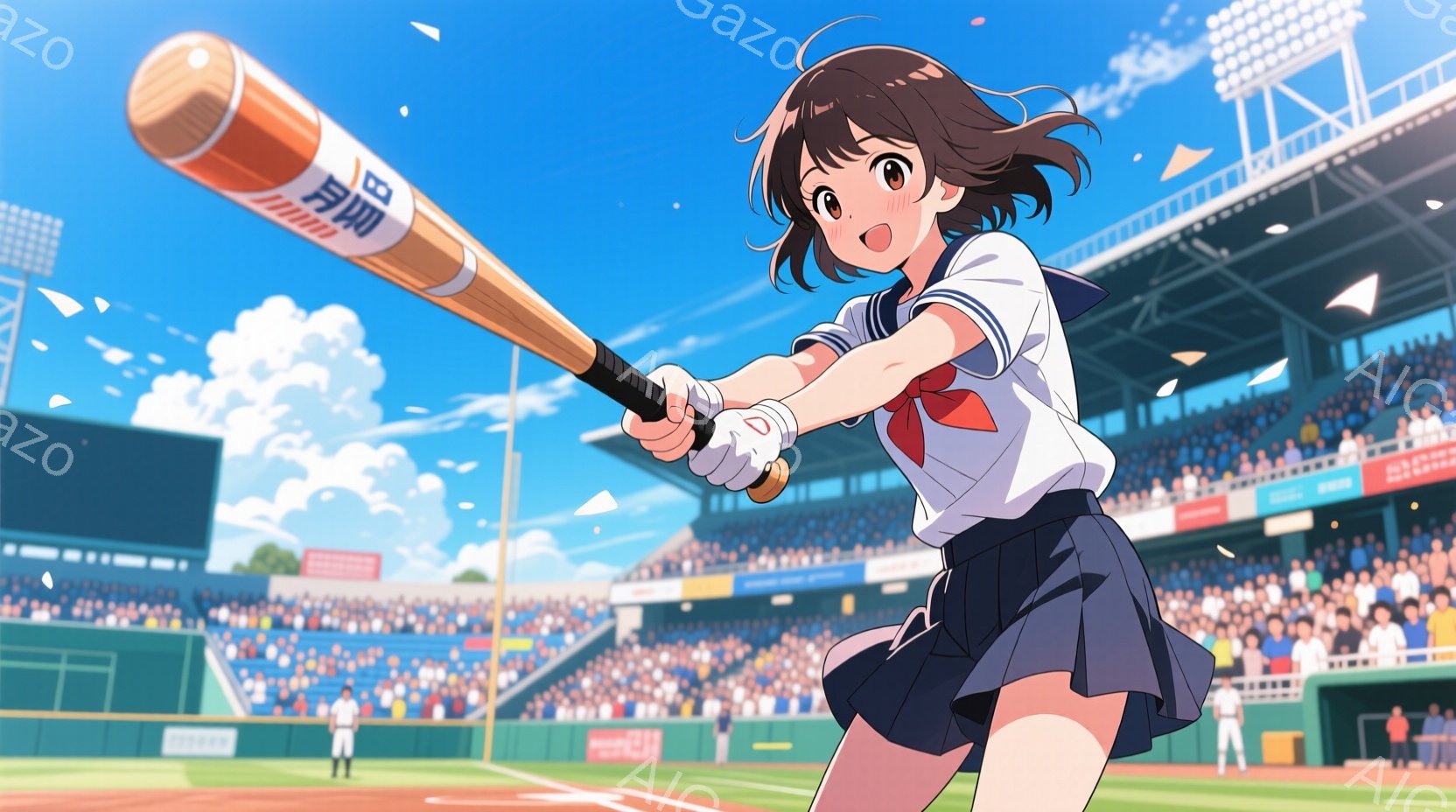 野球場でバッティングをする女子高生を描いています。彼女はセーラー服を着ており、茶色の短い髪をしています。力強いスイングでバットを振りかぶり、顔には強い決意と集中が表れています。 - AI生成フリー素材