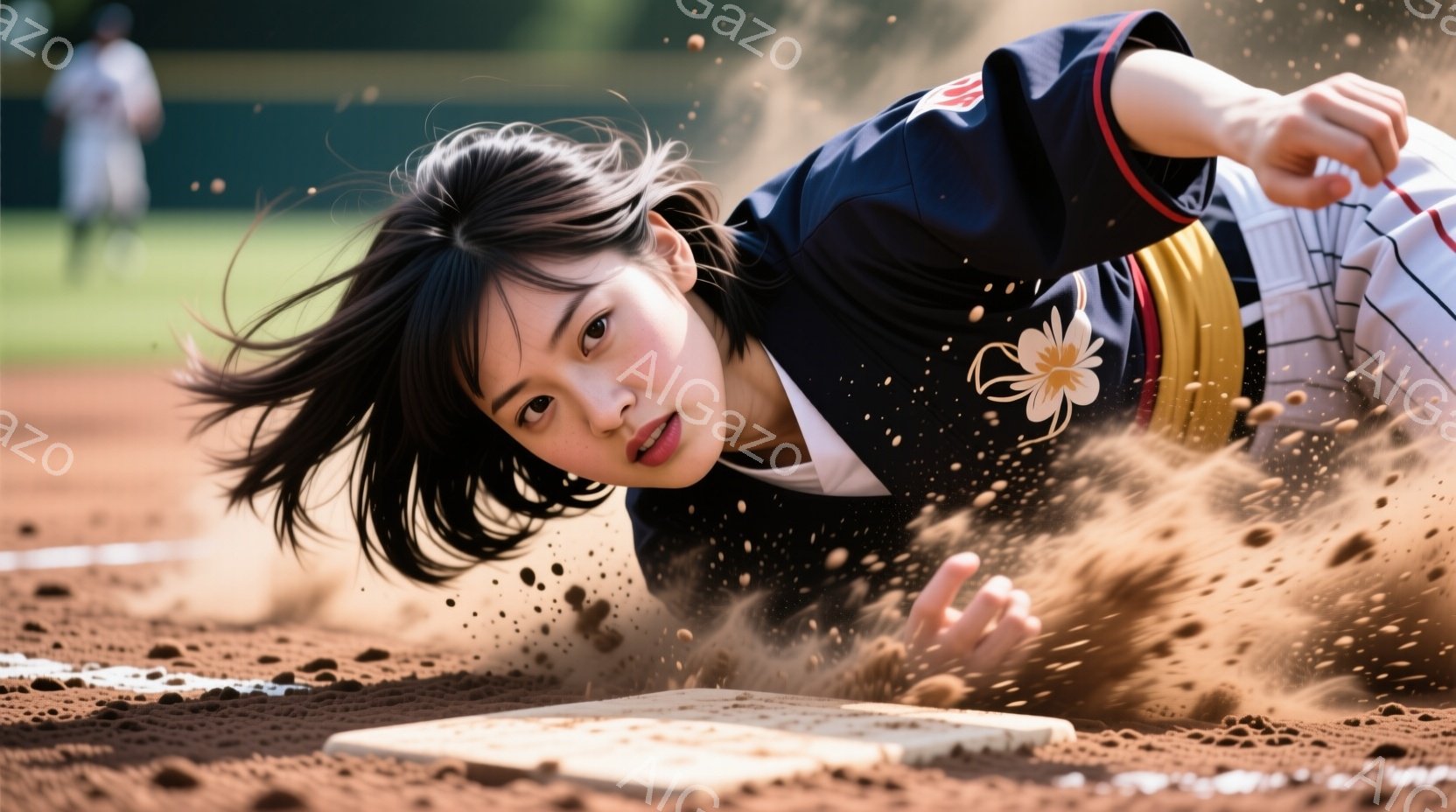 野球場でスライディングする女性の姿が捉えられています。紺色のユニフォームに白い花柄が描かれ、黒髪をなびかせながら、土埃を巻き上げながらベースに滑り込んでいます。表情は真剣で、競技に集中している様子が伝 - AI生成フリー素材