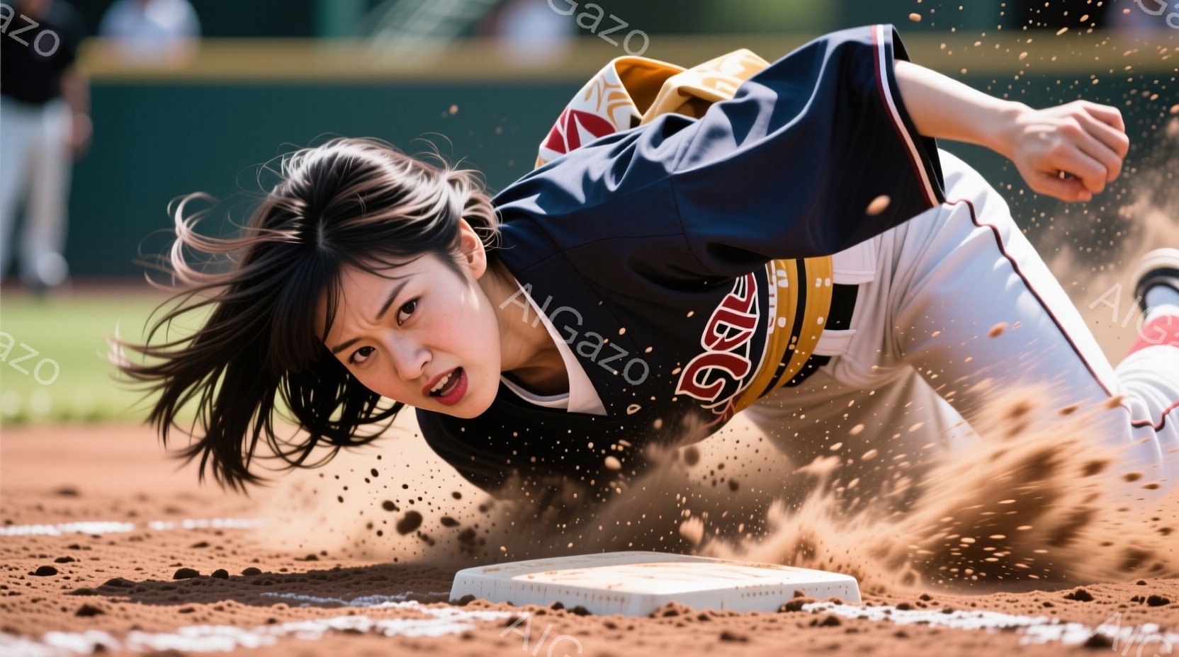 少女はベースにスライディングしている様子が捉えられています。黒髪をなびかせ、強い意志をみなぎらせた表情で、土埃が舞う中で白と紺色の野球ユニフォームを身に着けています。背景にはぼやけた観客席と緑の芝生が - AI生成フリー素材