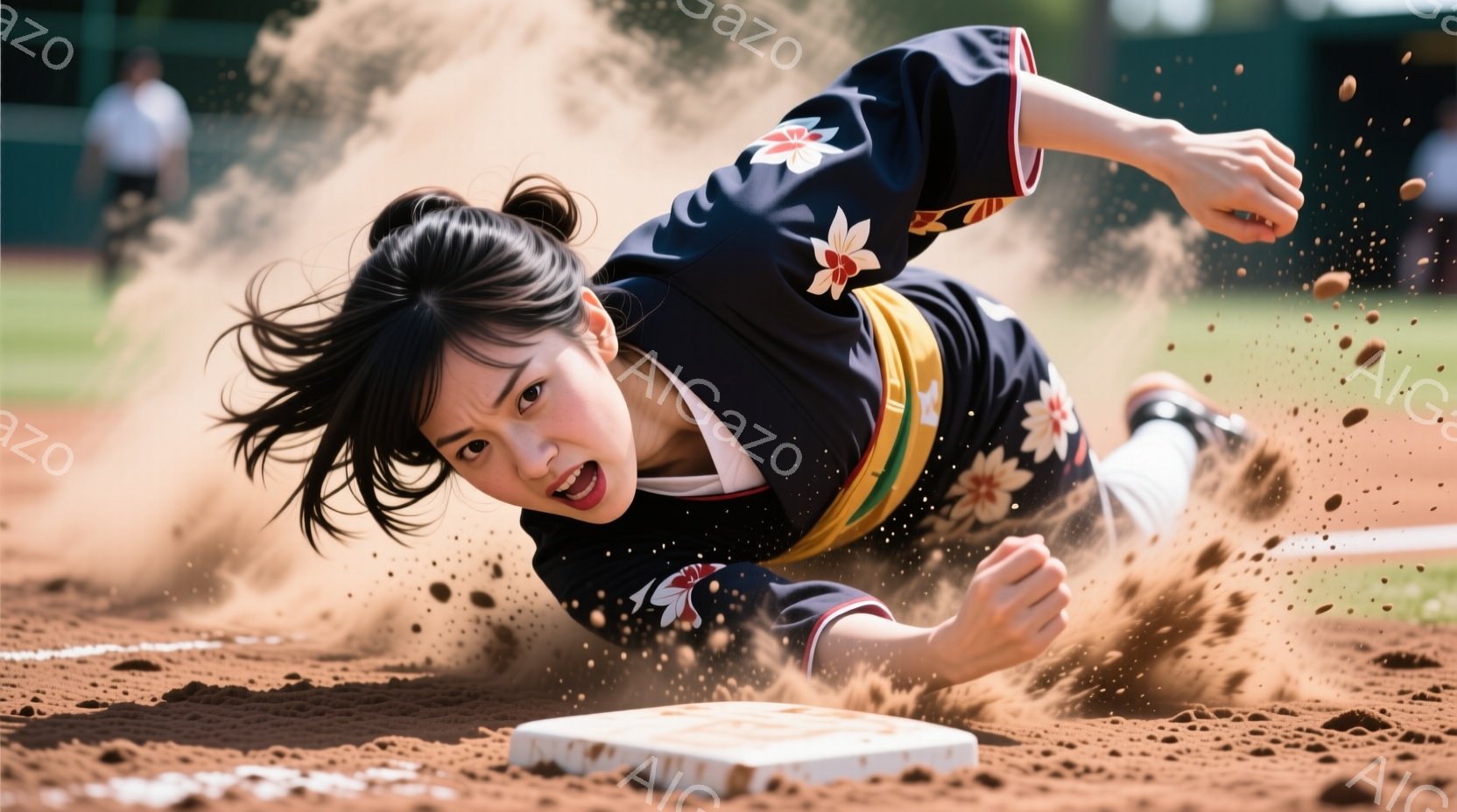 少女は野球のベースにスライディングしているところを捉えた写真で、濃い青色のユニフォームにピンクと白の花柄が描かれている。彼女は髪を後ろで結び、力強い表情でベースに体を滑らせようとしている。背景には緑の芝生と野球場の一部が見え、土埃が舞い上がり、躍動感あふれる瞬間を捉えている。
