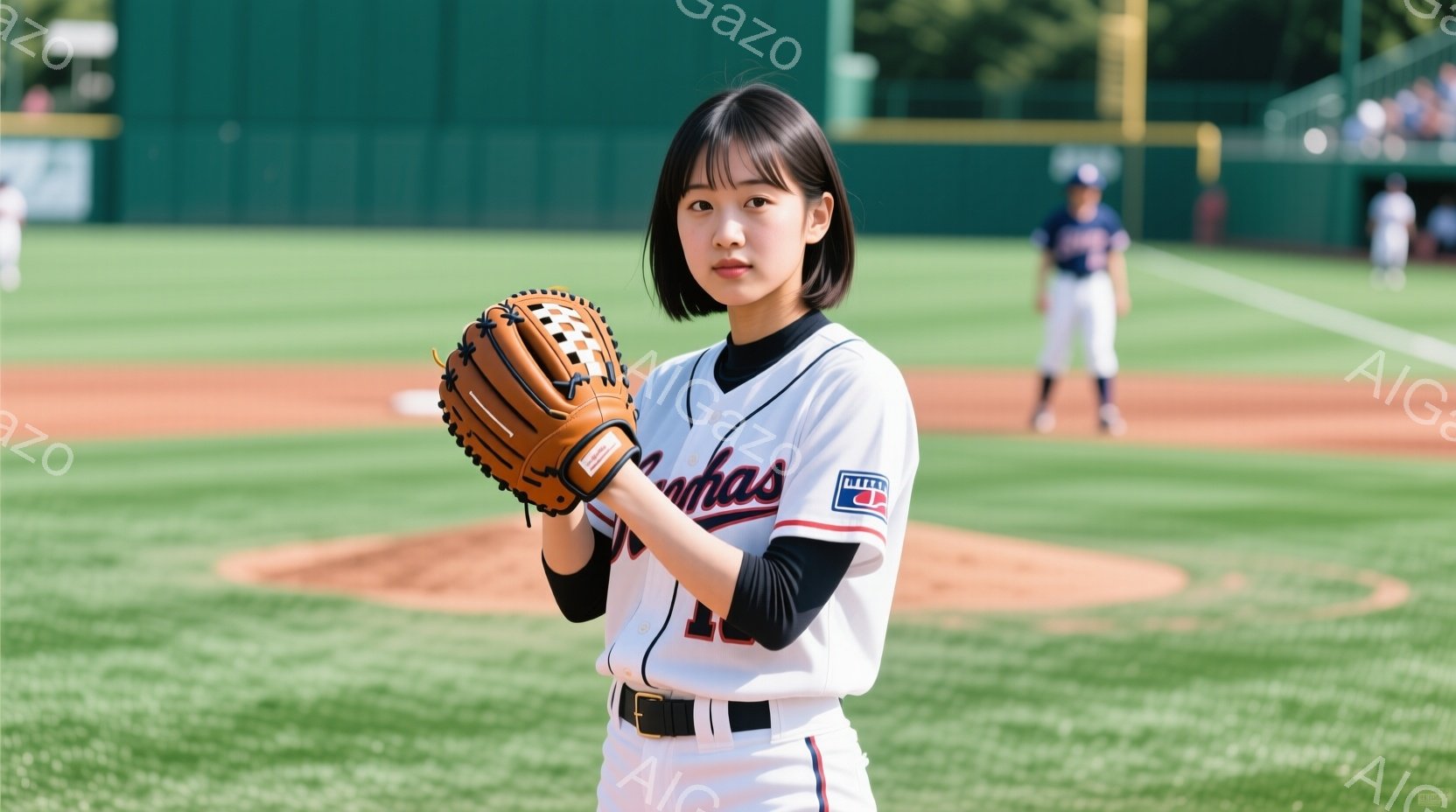 少女は野球のユニフォームを着て、グローブを手に持っています。彼女は黒い袖の白のユニフォームを着ており、髪は肩まで届く長さで、前髪が目にかかっています。背景には緑色の野球場があり、遠くには他の選手も見え、晴れた日の試合の雰囲気が伝わってきます。
