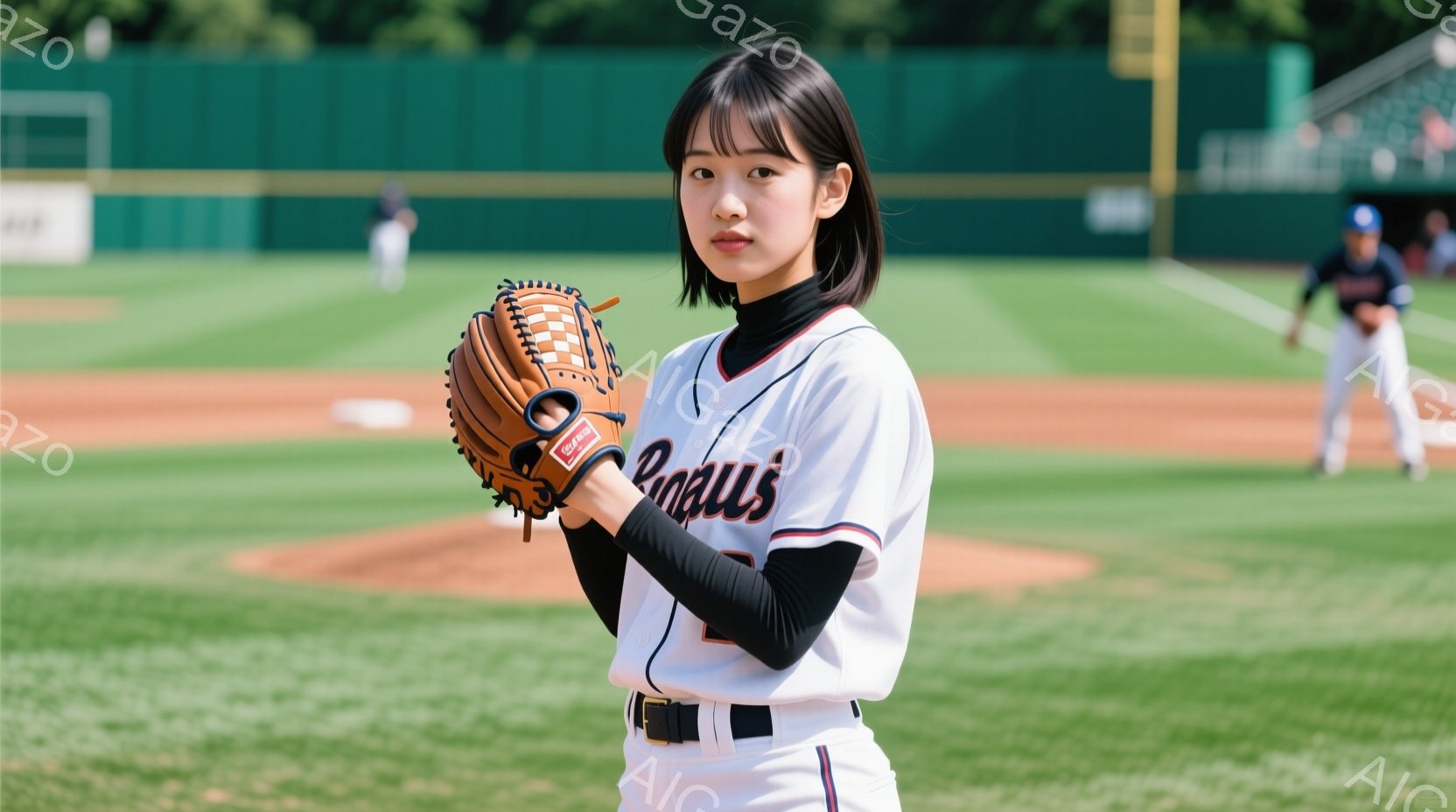 茶髪の女性が野球のグローブを手に、野球場に立っている。彼女は白い長袖のアンダーシャツに、赤いラインと「Rallie」と書かれた野球ユニフォーム、そして黒いベルトを着用しており、真剣な表情で構えている。背景には緑の芝生と観客席、そして薄曇りの空が広がっており、試合前の緊張感と集中感が伝わる雰囲気である。