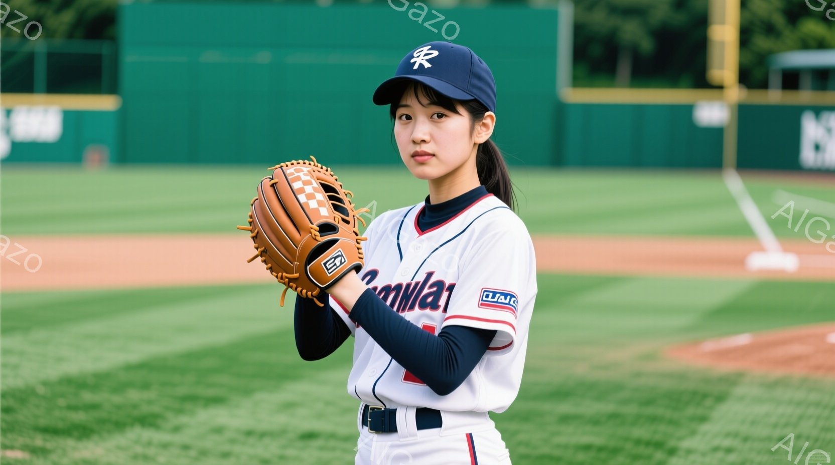 この女性は野球のユニフォームを着て、野球グローブを手に持っています。黒いキャップを被り、ポニーテールにしています。背景には緑の芝生と野球場があり、晴天の日の試合のようです。