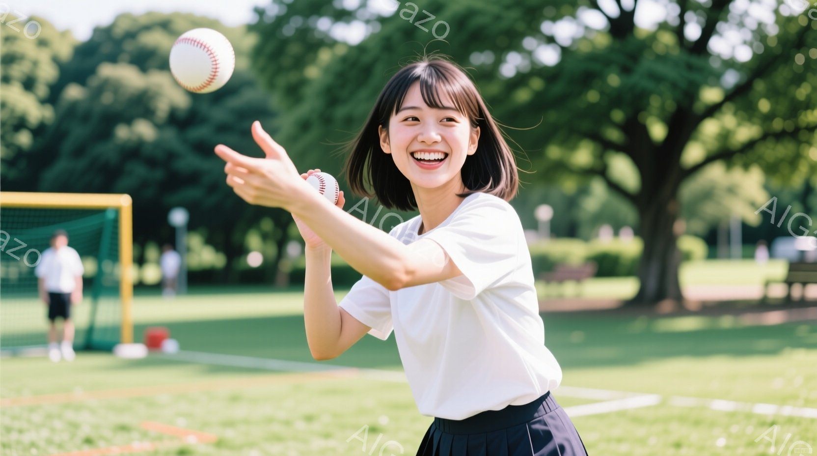 笑顔の女性が野球ボールを投げようとしている瞬間を捉えた写真です。白いTシャツと紺色のスカートを身につけ、前髪を下ろしたショートヘアで、明るい表情を見せています。背景には緑豊かな芝生と木々、そして遠くに - AI生成フリー素材