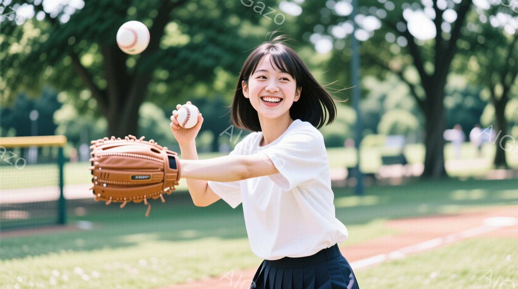 若い女性が野球のグローブでボールを投げようとしています。白いブラウスと紺色のスカートを着用し、短い黒髪で笑顔を見せています。背景には緑豊かな木々や野球場の赤土グラウンドが見え、晴れた日の屋外での活動の様子が伝わってきます。
