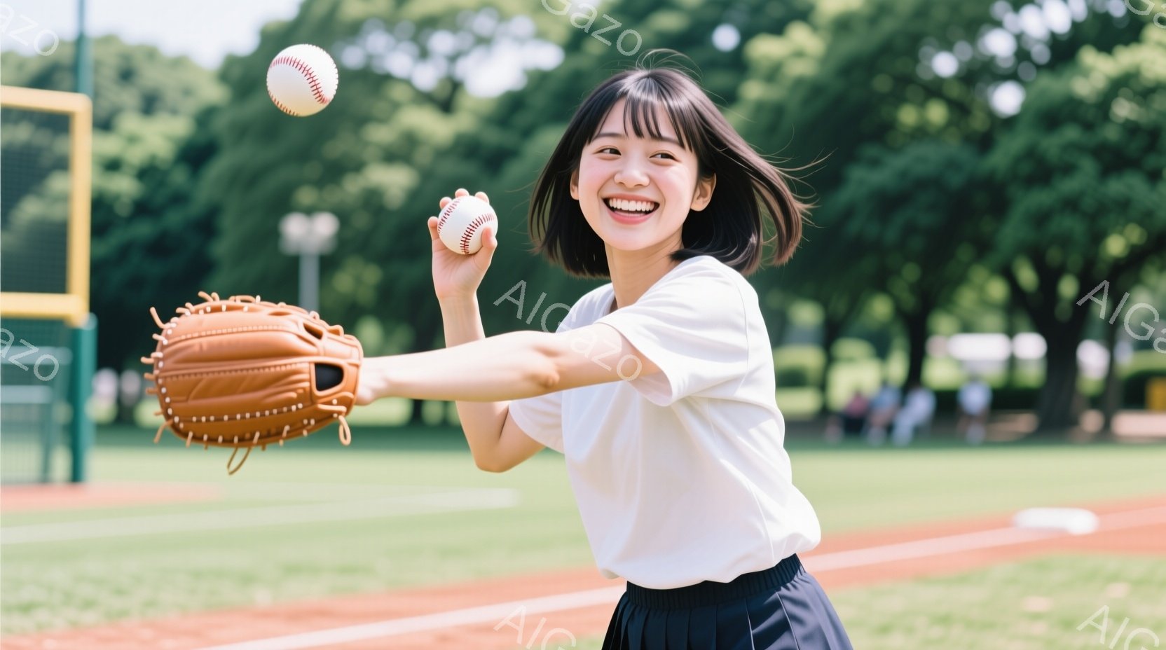 若い女性が野球のグラウンドでボールを投げる瞬間を捉えた写真です。白いシャツと紺色のスカートを着用し、笑顔で投げている姿は活気に満ちています。背景には緑豊かな木々と野球場の敷地が広がり、晴天の下、明るい雰囲気が漂っています。