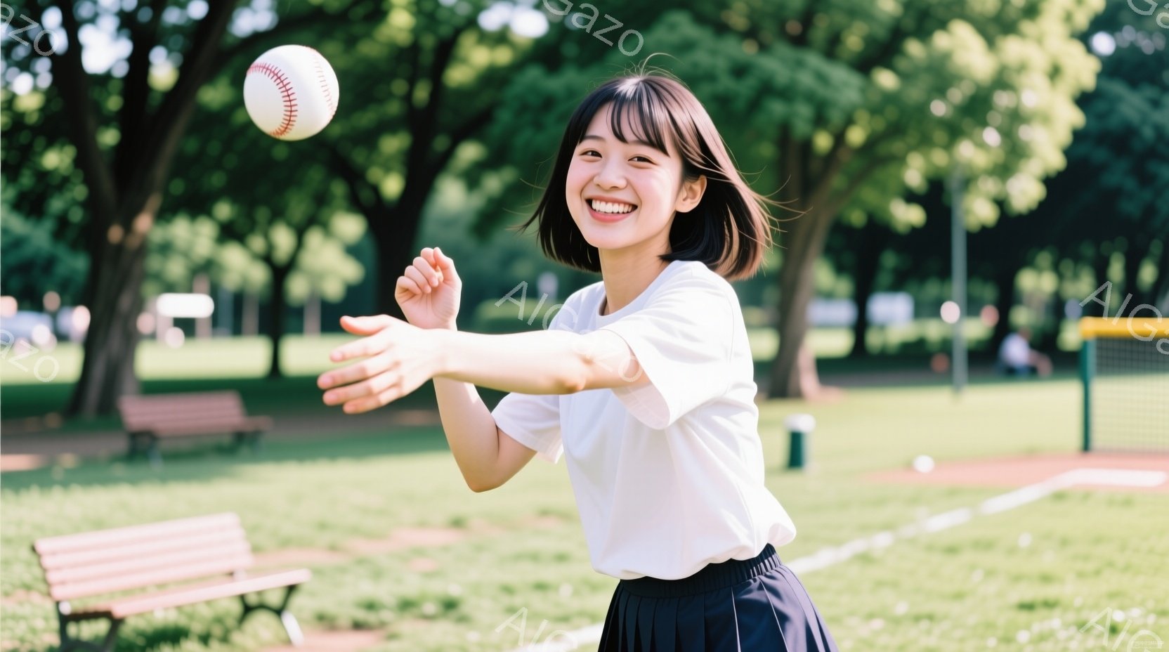 若い女性が野球のボールを投げる瞬間を捉えた写真です。白いTシャツと紺色のスカートを身につけ、笑顔でボールを構えています。背景には緑豊かな木々と野球場のライン、そしてベンチが見え、晴れた日の屋外で運動している様子が伝わってきます。