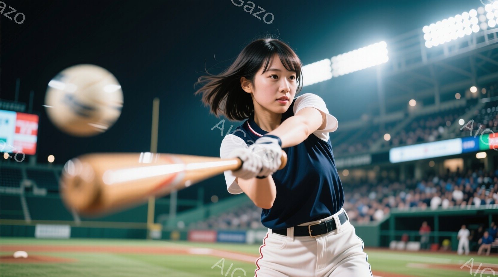 野球場でバッターボックスに立つ女性が、スイングしている瞬間を捉えた写真です。紺色と白のユニフォームに白いベルトを締め、髪を後ろで束ねています。背景には観客席や球場のライトがぼやけて見え、夜間の試合が行 - AI生成フリー素材