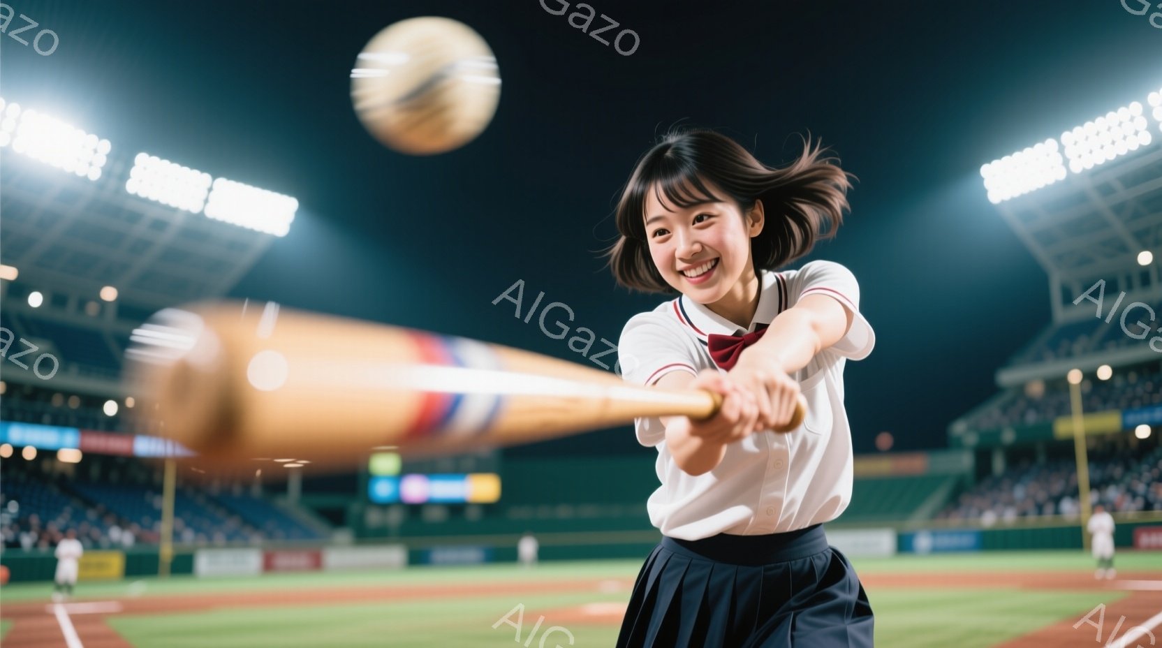 制服姿の若い女性が野球のバットを大きく振りかぶっている写真です。彼女は明るい笑顔を見せ、左側の肩を前に出し、力強くスイングしている様子がわかります。背景には夜間の野球場があり、観客席や照明がぼやけて写 - AI生成フリー素材
